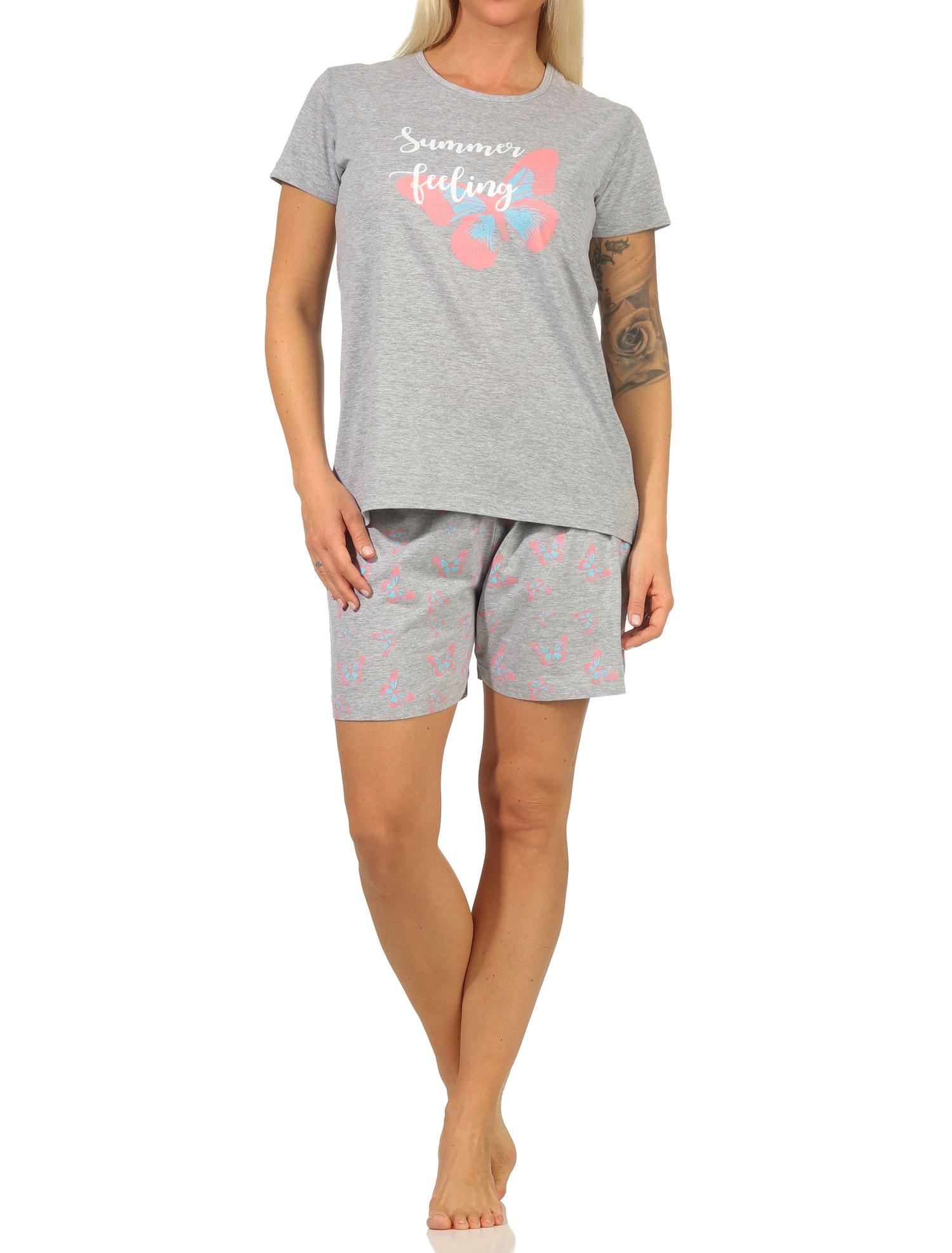 Sommerlicher Damen kurzarm Shorty Schlafanzug Pyjama mit Schmetterlingsmotiv
