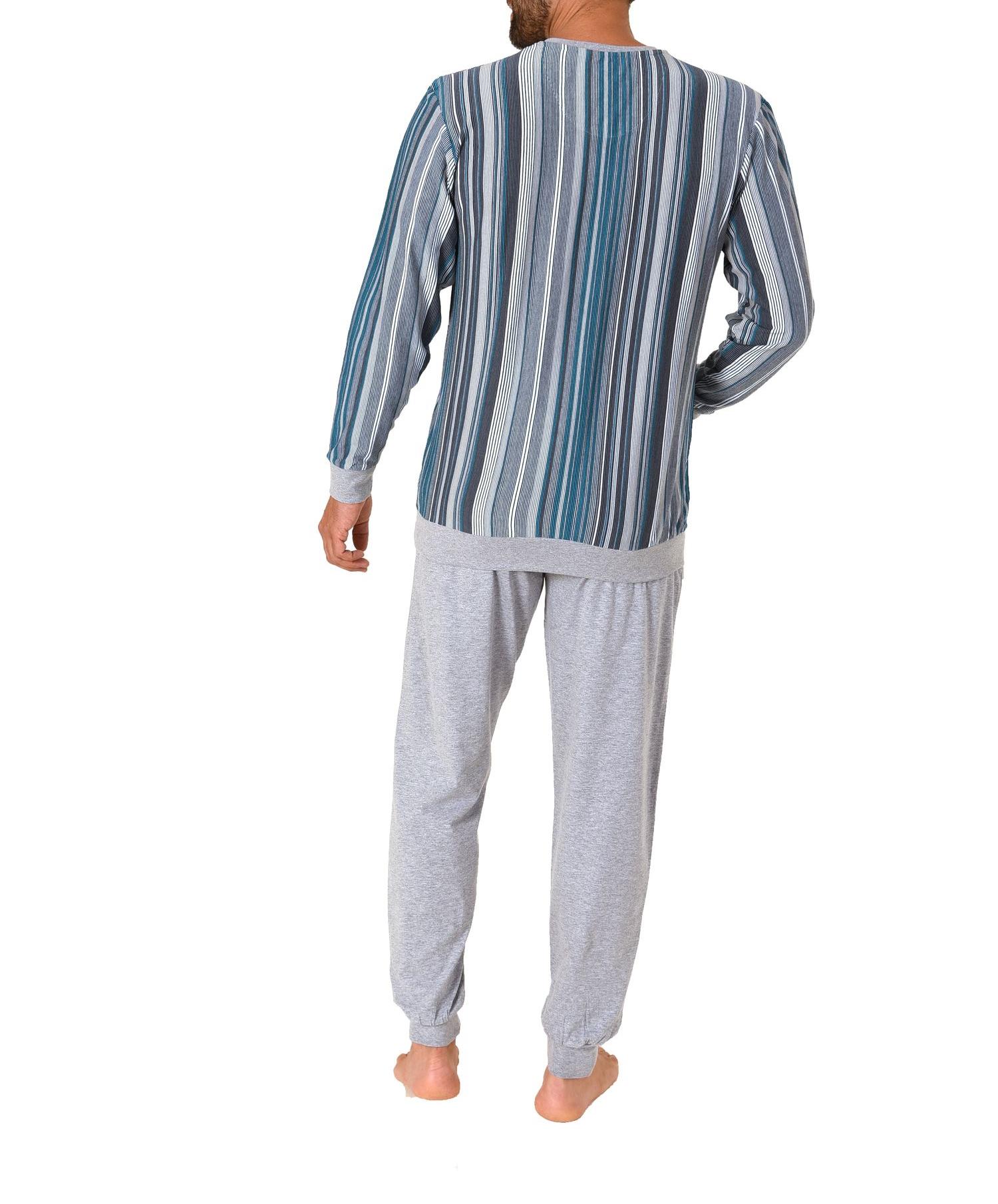 Eleganter Herren Pyjama Schlafanzug in Streifenoptik, Bündchen und Knopfleiste - 62792 Eleganter Herren Pyjama Schlafanzug in Streifenoptik, Bündchen und Knopfleiste - 62792