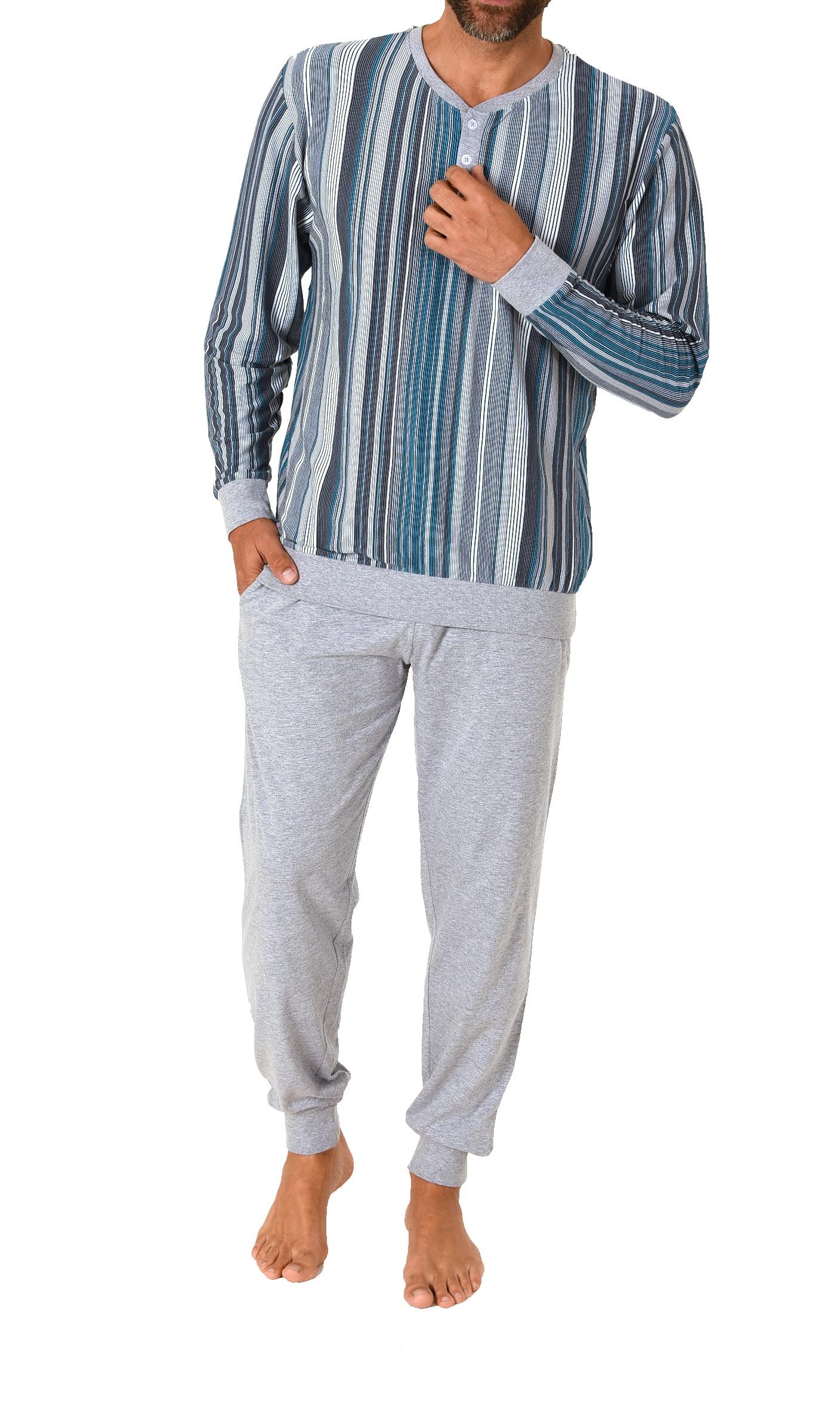 Eleganter Herren Pyjama Schlafanzug in Streifenoptik, Bündchen und Knopfleiste - 62792