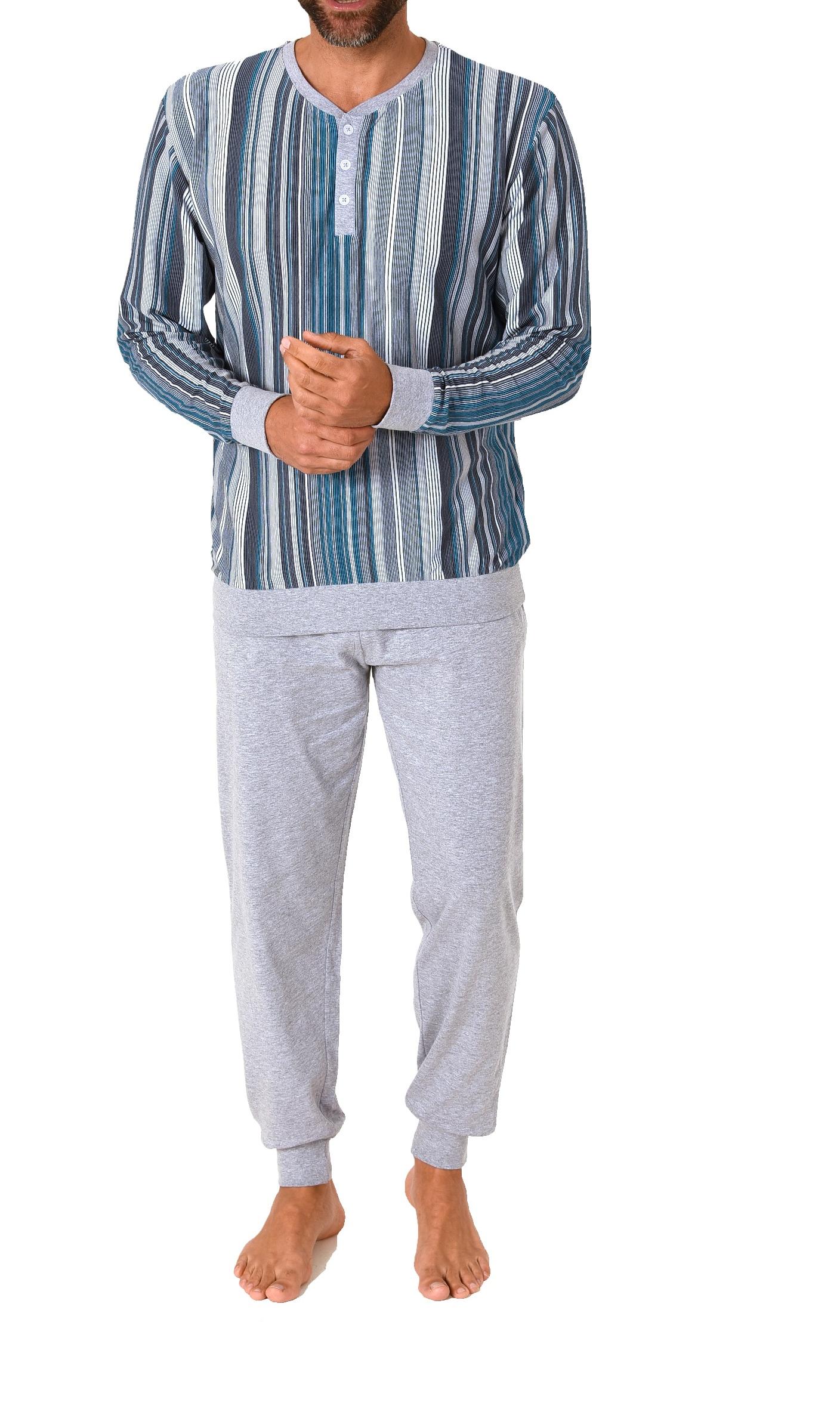 Eleganter Herren Pyjama Schlafanzug in Streifenoptik, Bündchen und Knopfleiste - 62792