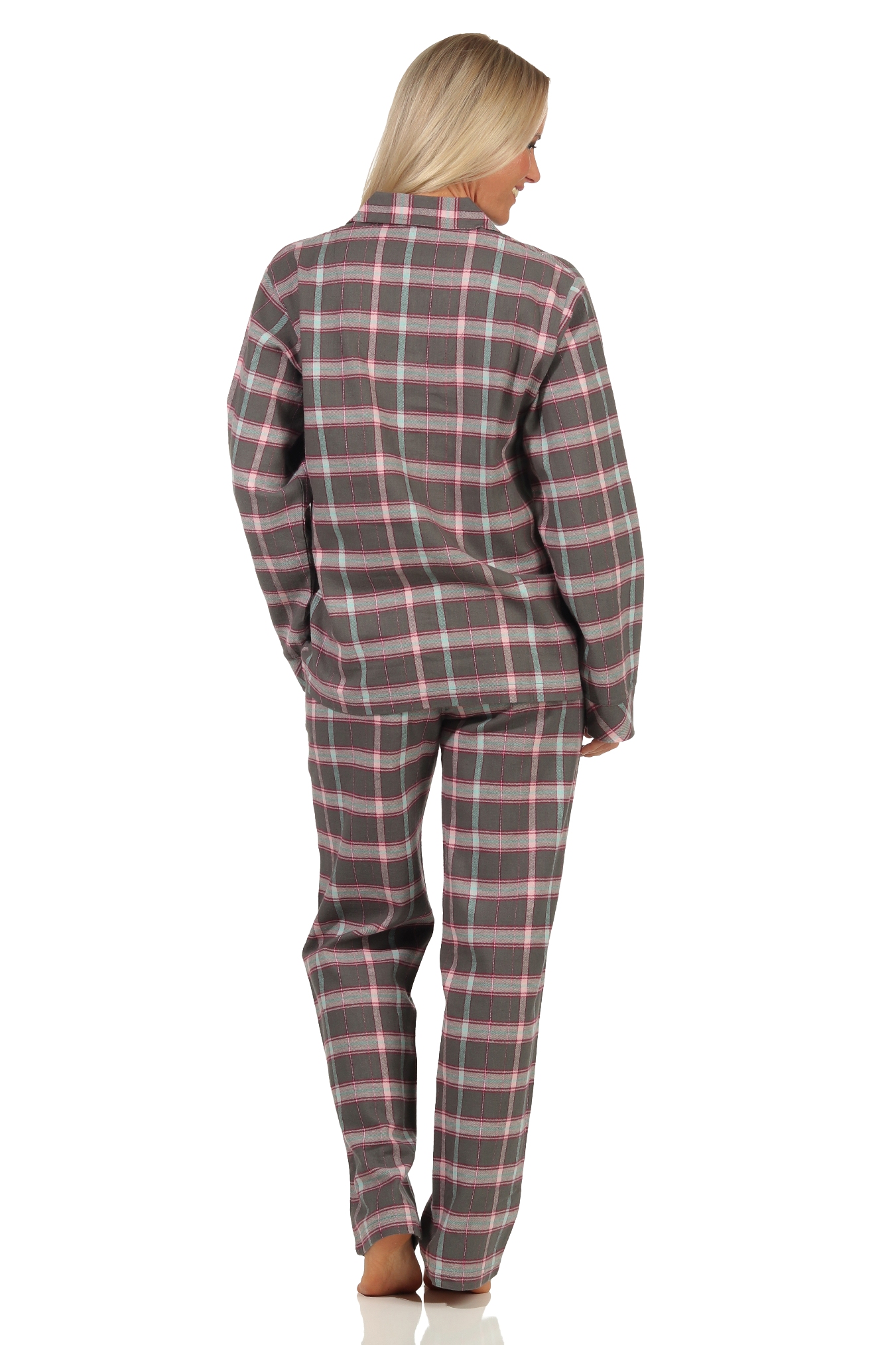 Damen Flanell Pyjama Schlafanzug kariert mit Knopfleiste und Hemdkragen - 222 201 15 851