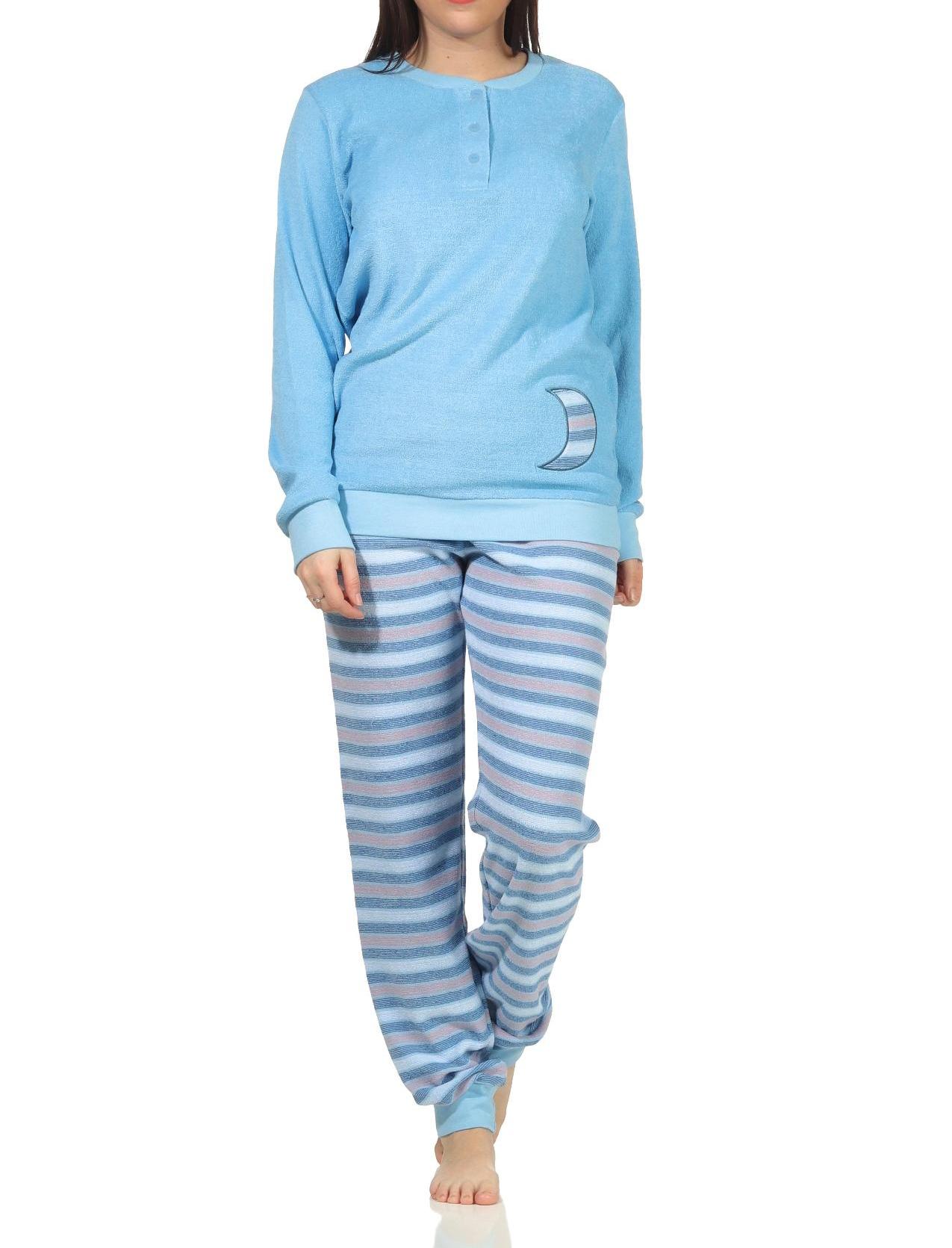Damen Frottee Schlafanzug Pyjama mit Bündchen - Hose gestreift - auch in Übergrössen Damen Frottee Schlafanzug Pyjama mit Bündchen - Hose gestreift - auch in Übergrössen