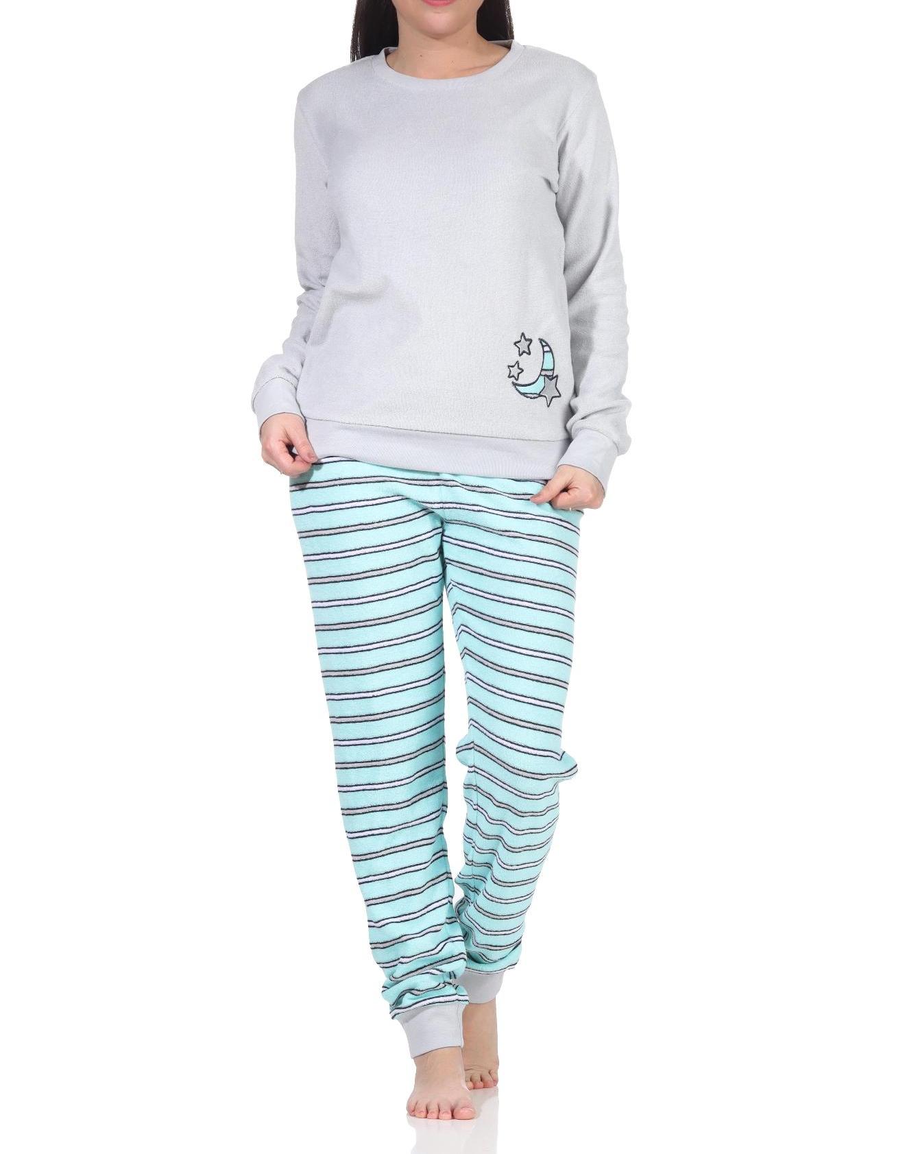 Damen Frottee Schlafanzug mit Bündchen - Hose gestreift, Oberteil mit Mond Applikation Damen Frottee Schlafanzug mit Bündchen - Hose gestreift, Oberteil mit Mond Applikation