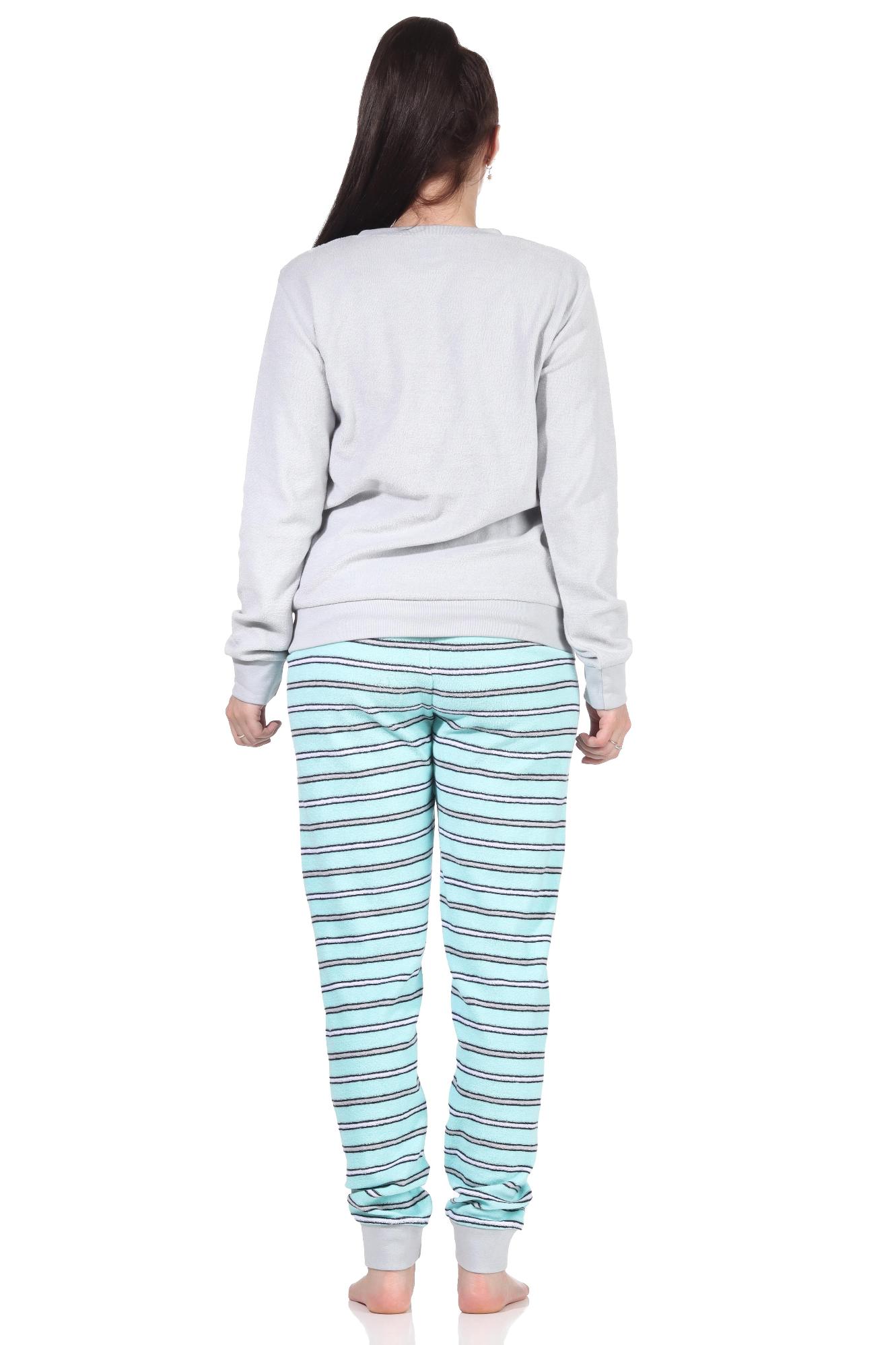 Damen Frottee Schlafanzug mit Bündchen - Hose gestreift, Oberteil mit Mond Applikation