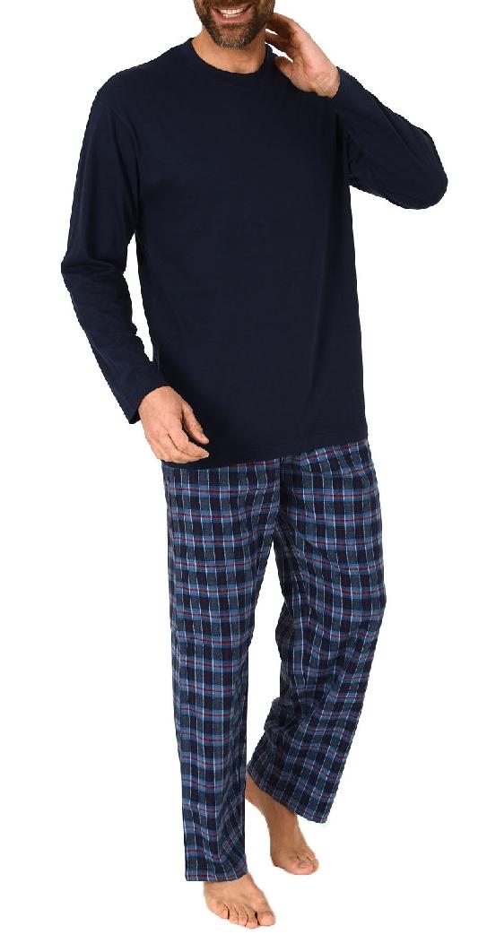Herren Schlafanzug Pyjama langarm mit karierter Jersey Hose, Oberteil unifarben - 212 851