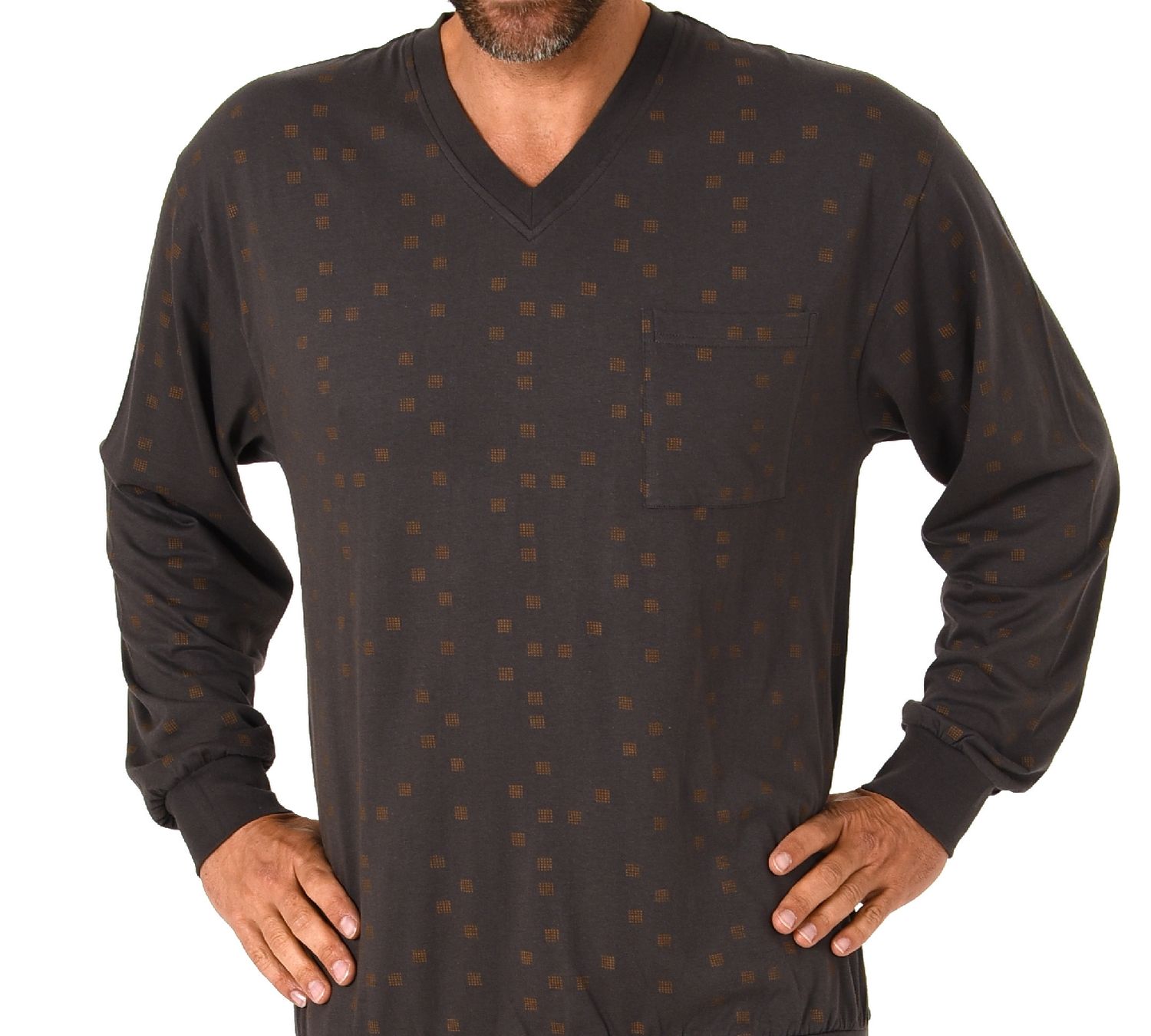 Eleganter Herren langarm Schlafanzug Pyjama mit Bündchen und V-Hals - 212 101 90 480 Eleganter Herren langarm Schlafanzug Pyjama mit Bündchen und V-Hals - 212 101 90 480