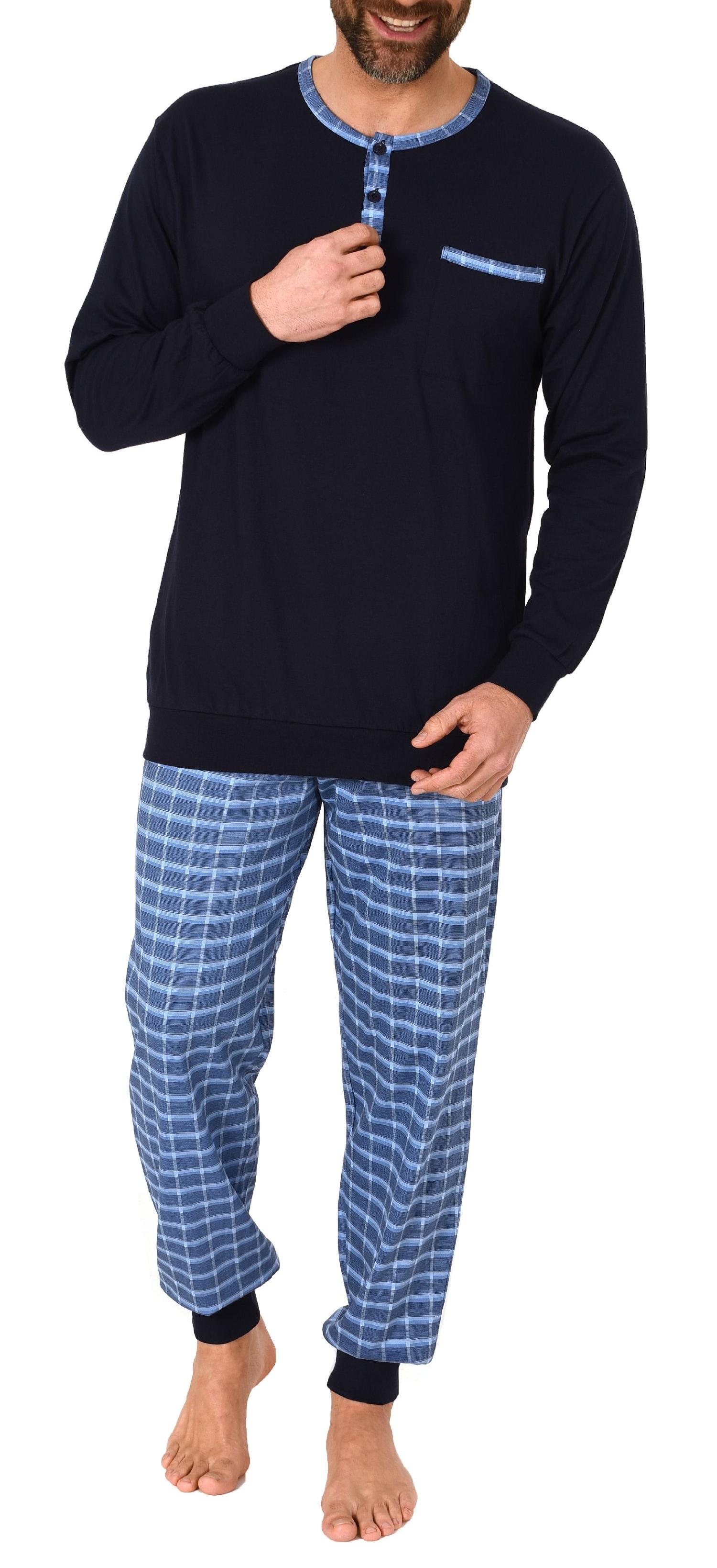 Herren Pyjama Schlafanzug mit Bündchen und karierter Jersey Hose - auch in Übergrössen Herren Pyjama Schlafanzug mit Bündchen und karierter Jersey Hose - auch in Übergrössen