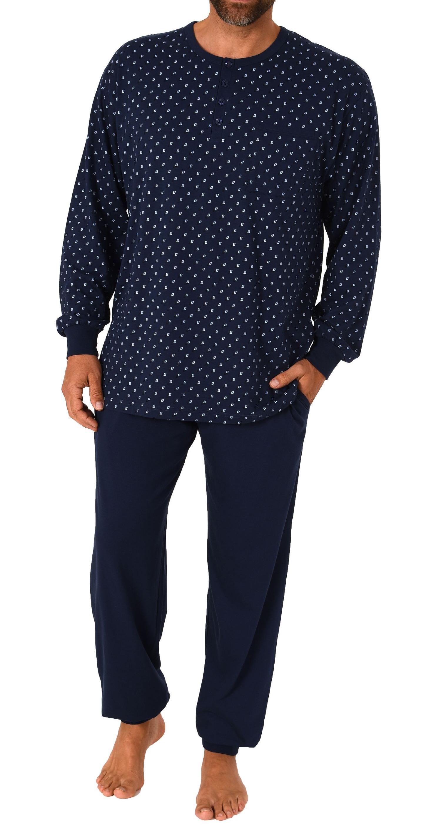 Herren langarm Pyjama Schlafanzug mit Bündchen und Knopfleiste am Hals - 212 101 90 754