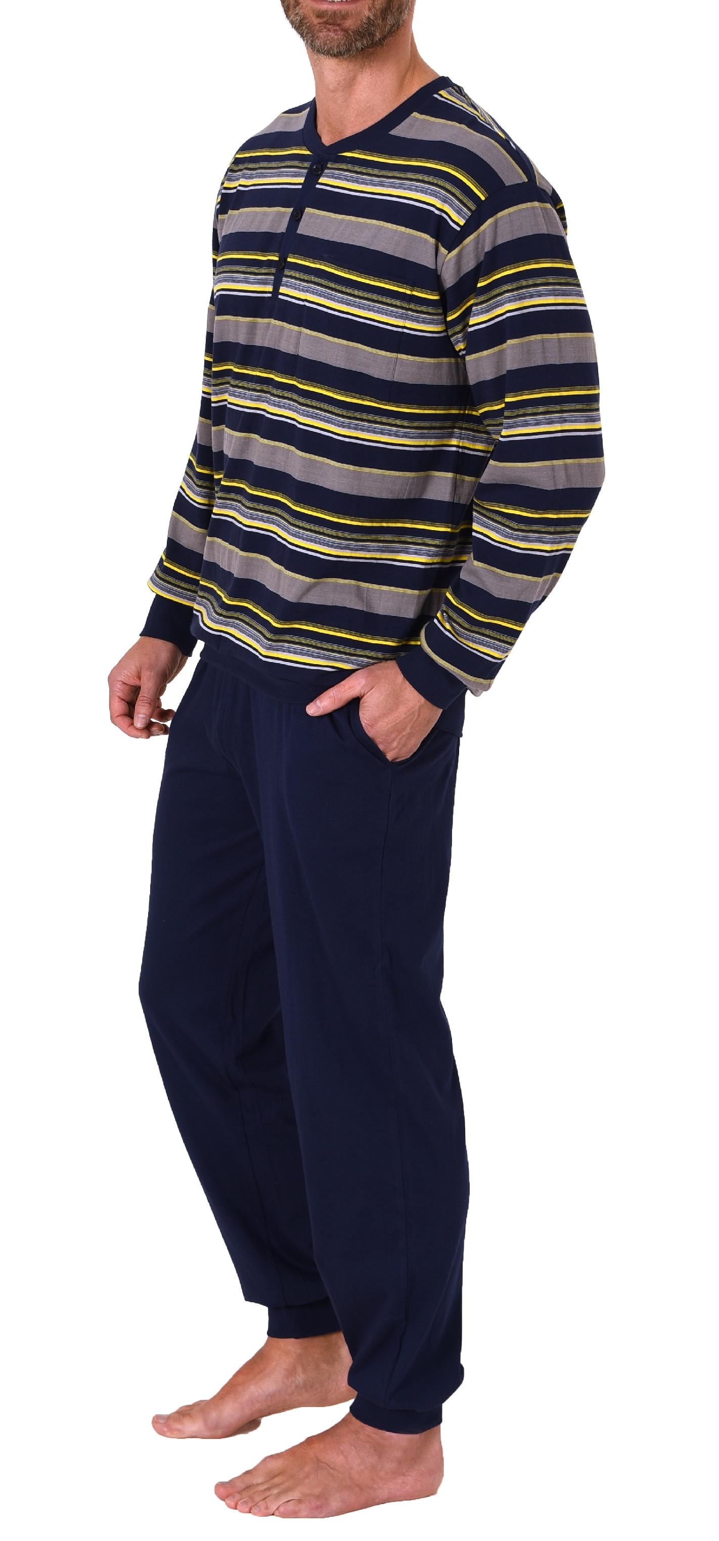 Herren Pyjama lang mit Bündchen und Knopfleiste in eleganter Streifenoptik - 212 90 772