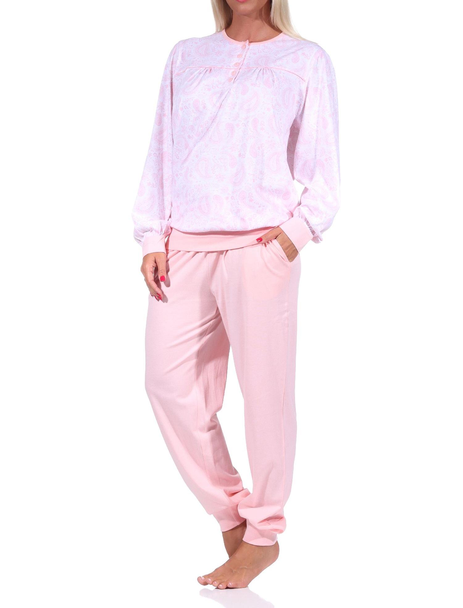Eleganter Damen Pyjama Schlafanzug mit Bündchen und Knopfleiste am Hals in Paisley Design - 212 201 90 351 Eleganter Damen Pyjama Schlafanzug mit Bündchen und Knopfleiste am Hals in Paisley Design