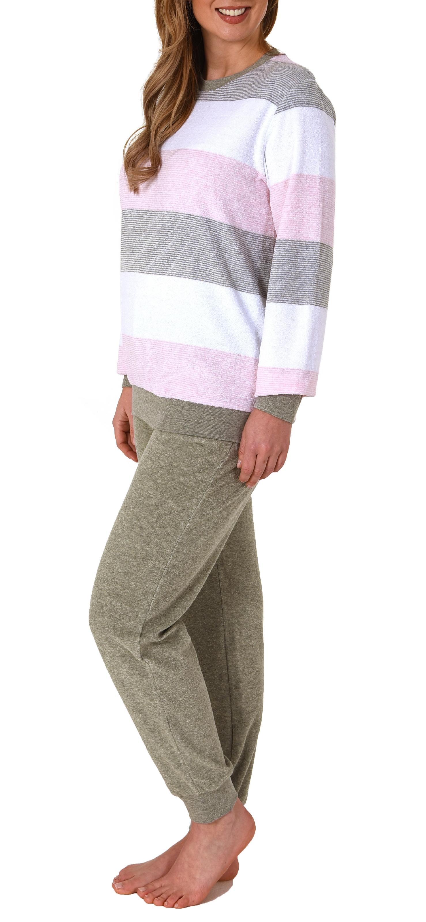 Damen Frottee Pyjama mit Bündchen in eleganter Block Streifenoptik - auch in Übergrössen