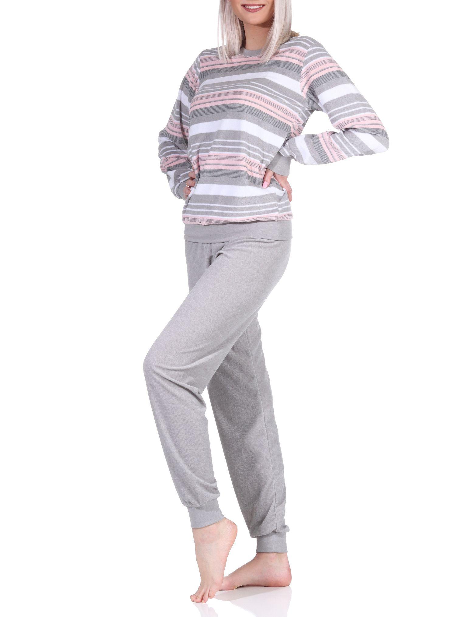 Eleganter Damen Frottee Pyjama langarm Schlafanzug mit Bündchen in Streifenoptik - 212 840