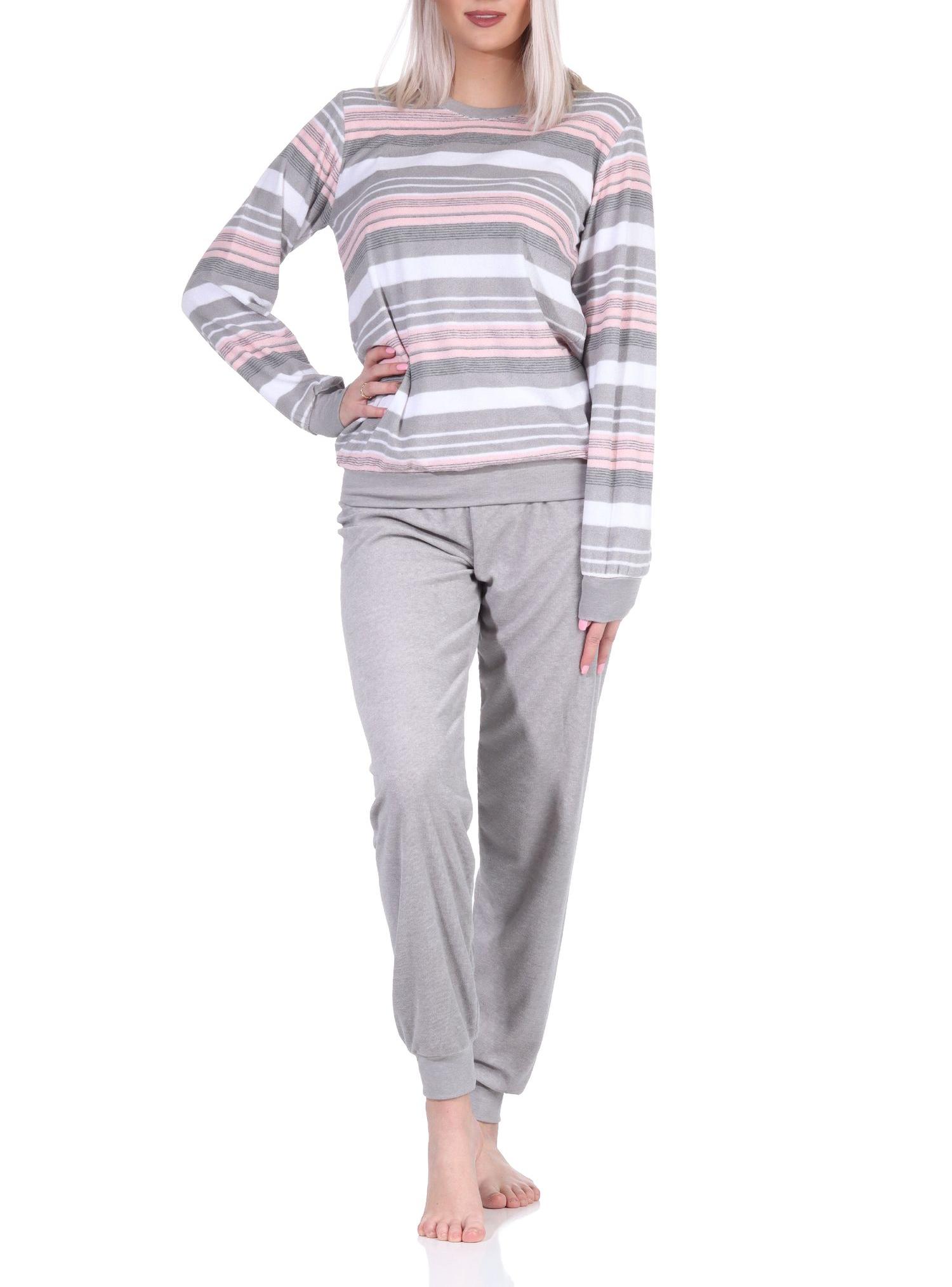 Eleganter Damen Frottee Pyjama langarm Schlafanzug mit Bündchen in Streifenoptik - 212 840
