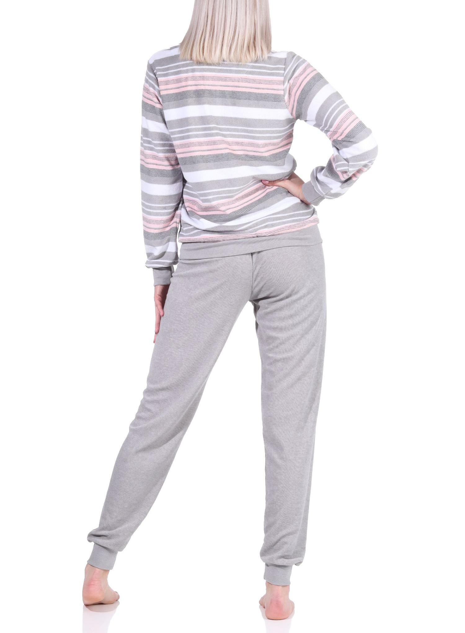Eleganter Damen Frottee Pyjama langarm Schlafanzug mit Bündchen in Streifenoptik - 212 840