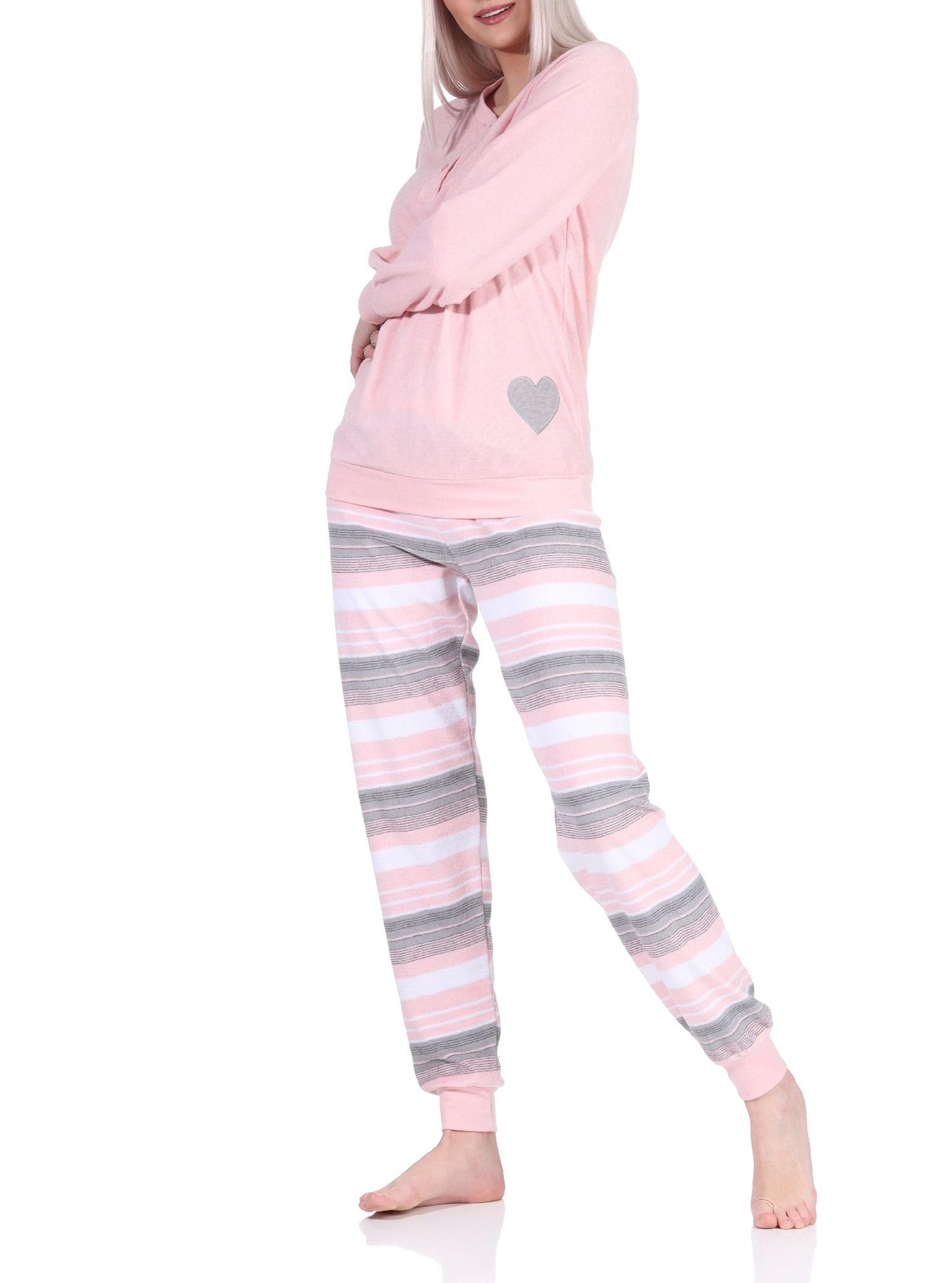 Wunderschöner Damen Frottee langarm Pyjama mit Bündchen und Herzmotiv und gestreifter Hose