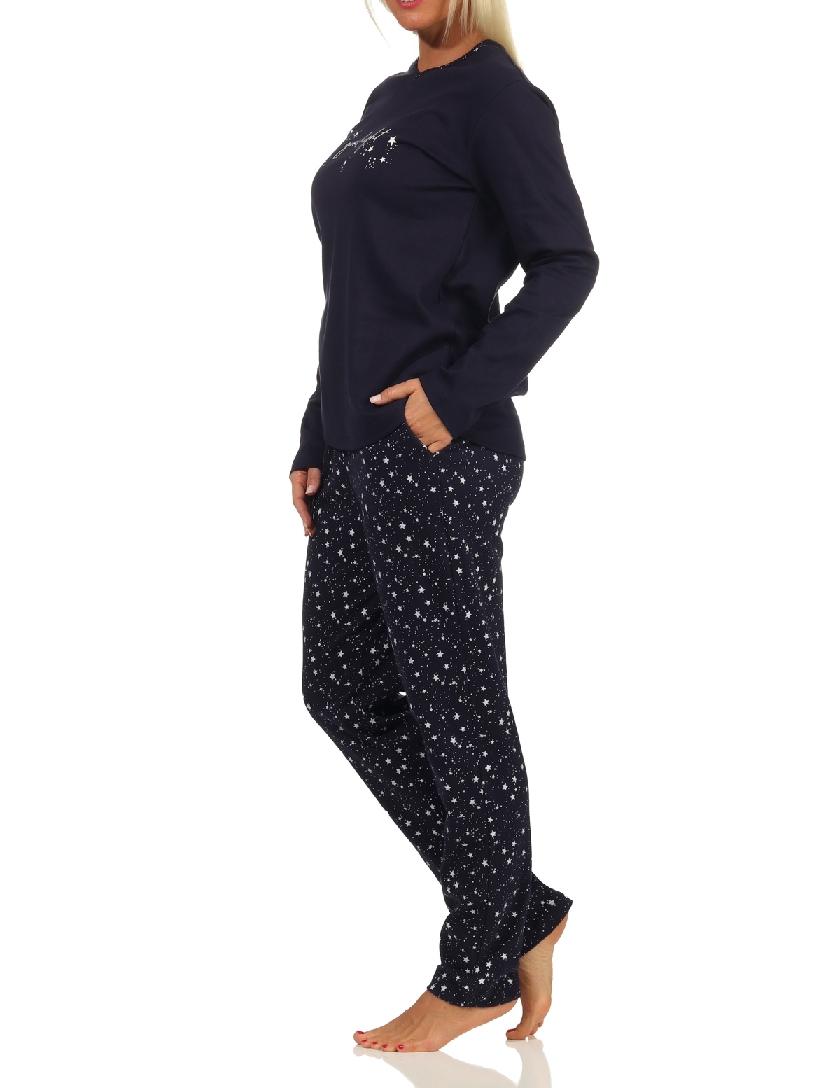 Damen Pyjama langarm Schlafanzug in Kuschel Interlock Qualität in cooler Sterne Optik