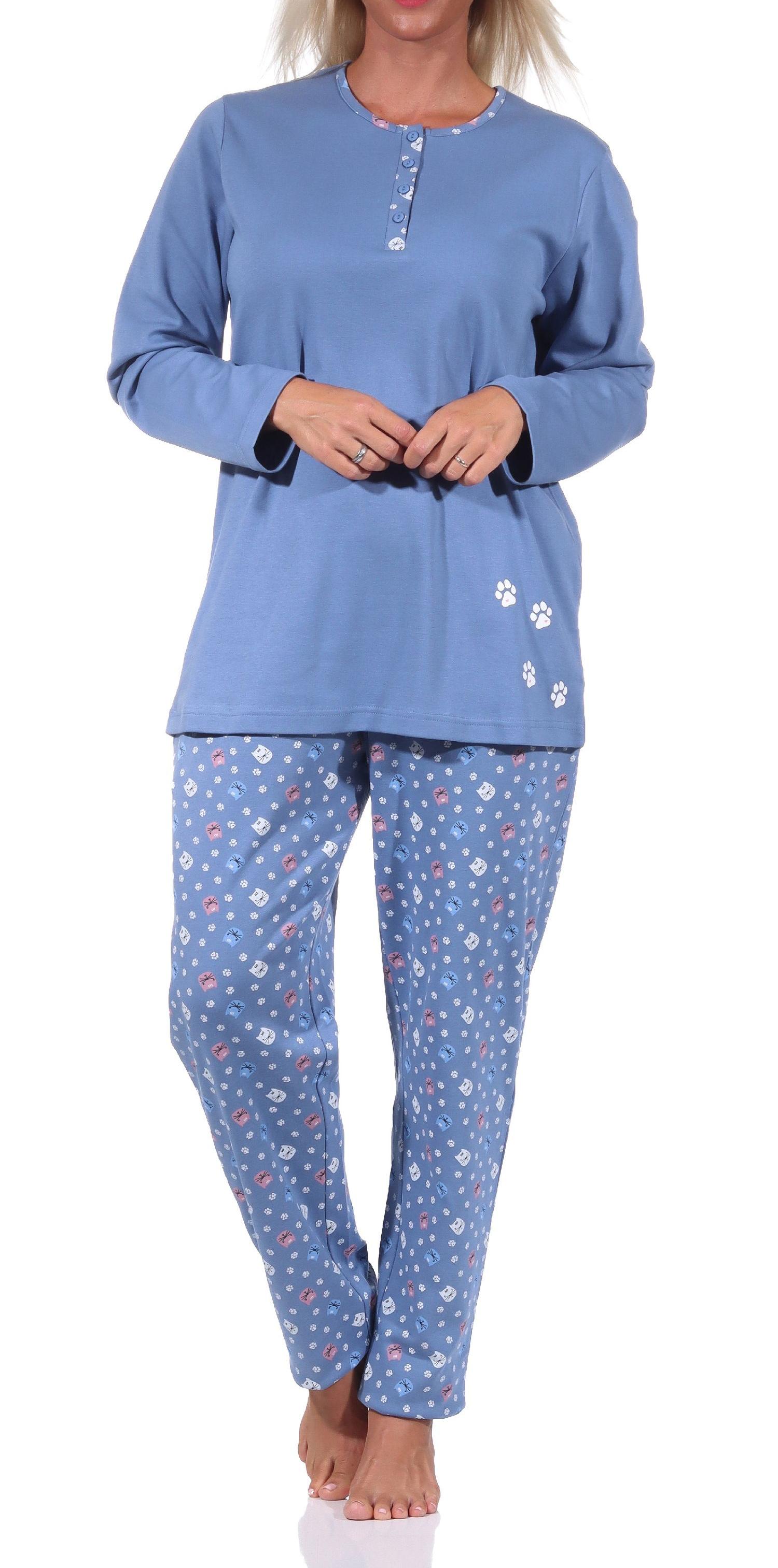 Damen Pyjama langarm Schlafanzug in Kuschel Interlock Qualität mit niedlichem Tier Motiv