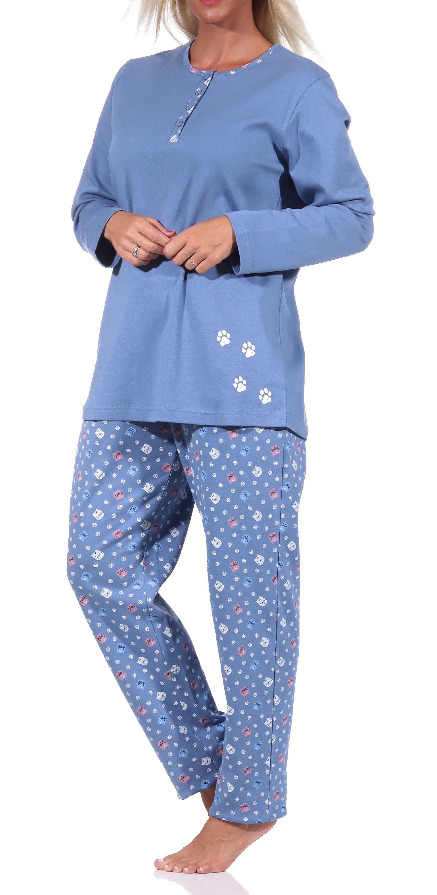 Damen Pyjama langarm Schlafanzug in Kuschel Interlock Qualität mit niedlichem Tier Motiv