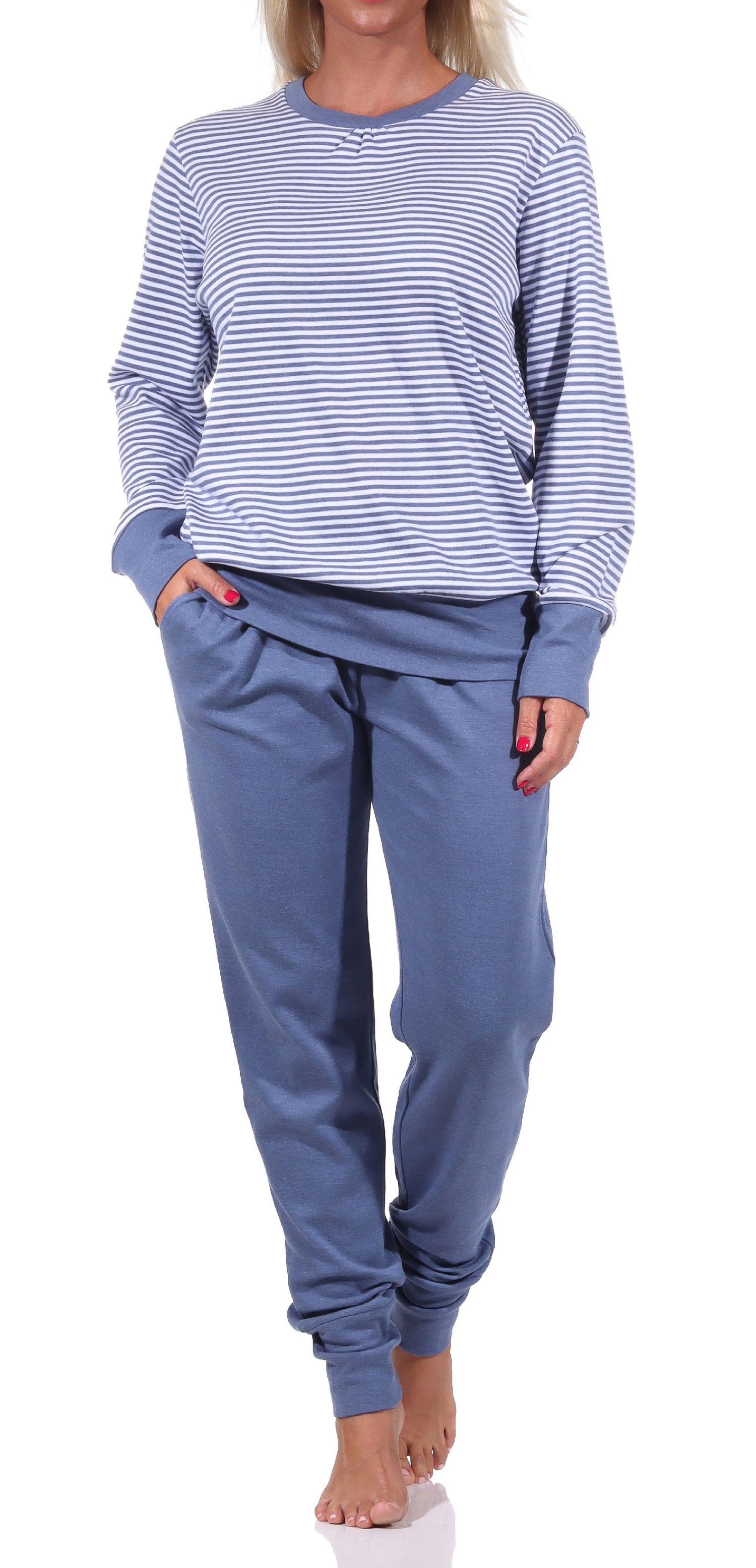 Kuscheliger Damen Pyjama langarm Schlafanzug mit Bündchen in Streifenoptik - 212 96 258