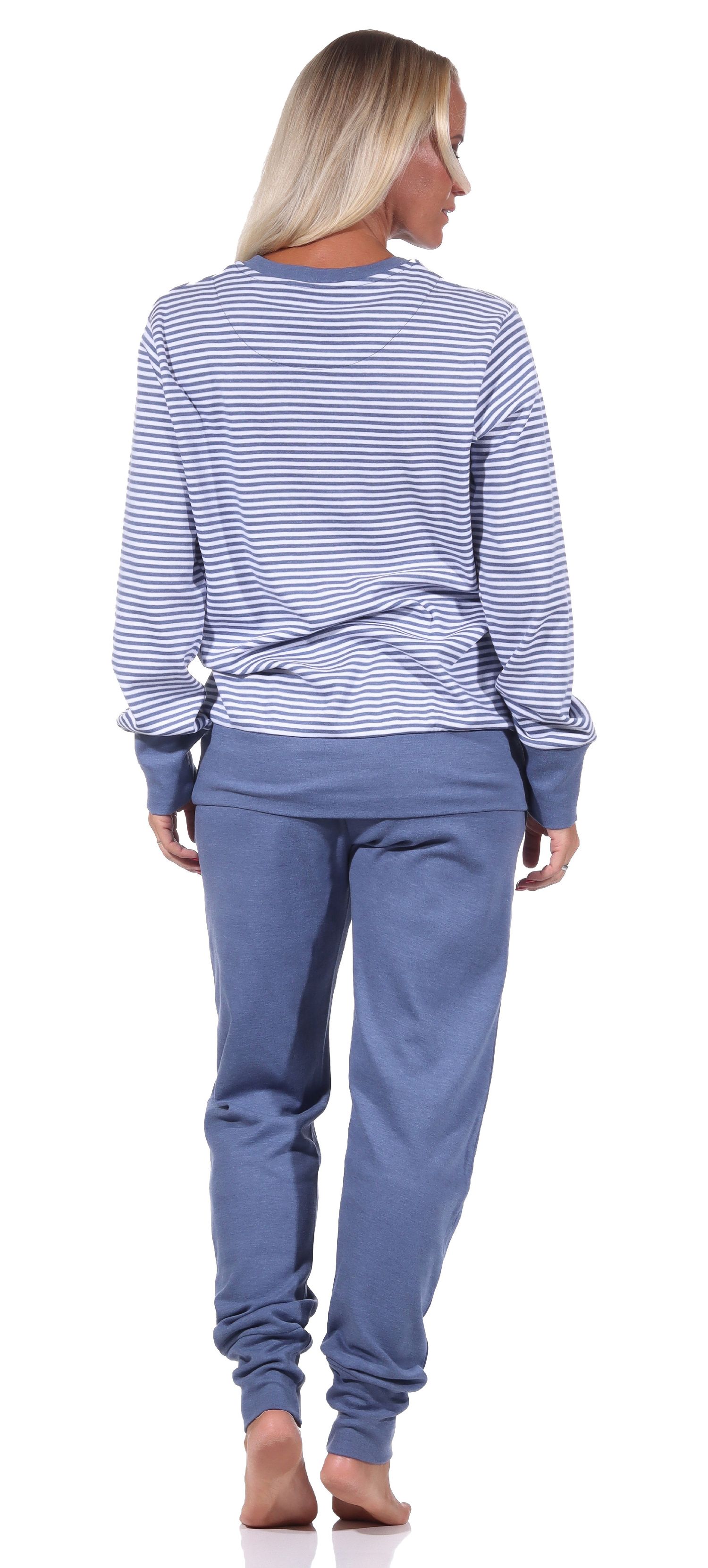 Kuscheliger Damen Pyjama langarm Schlafanzug mit Bündchen in Streifenoptik - 212 96 258