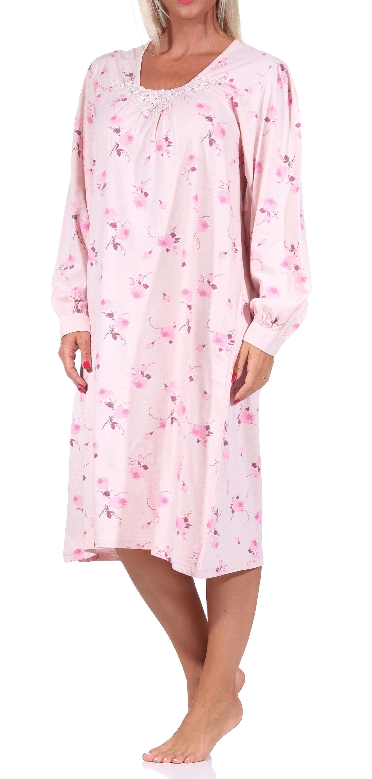 Elegantes frauliches Damen Nachthemd mit Spitze, 105 cm Länge, Knopfleiste am Hals