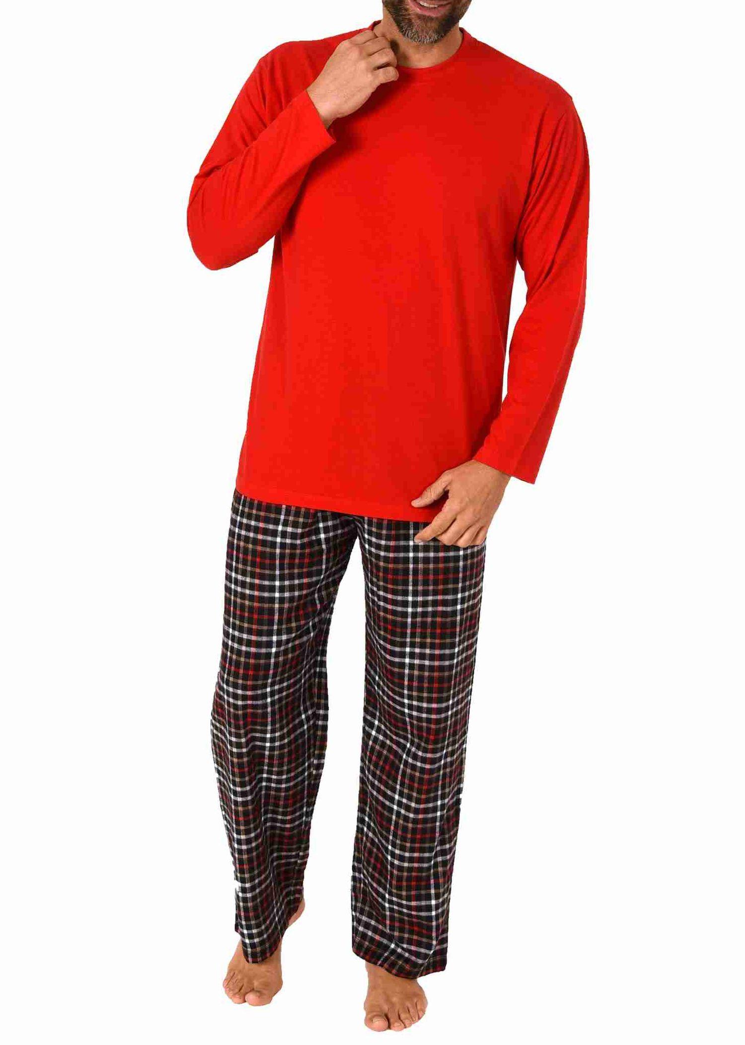 Herren Schlafanzug Pyjama langarm mit Flanell Hose, Oberteil unifarben - 222 101 10 872