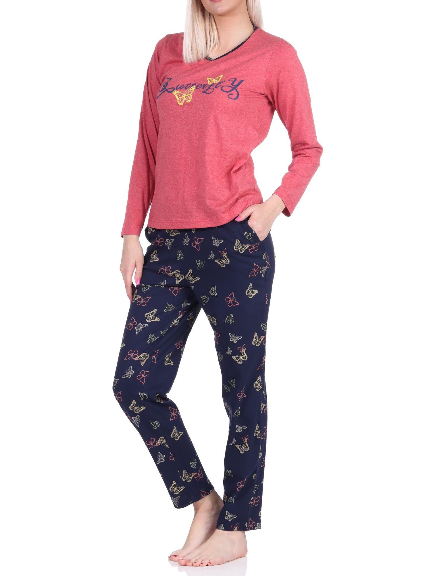 Toller Damen langarm Schlafanzug Pyjama mit Schmetterling als Motiv - auch in Übergrössen