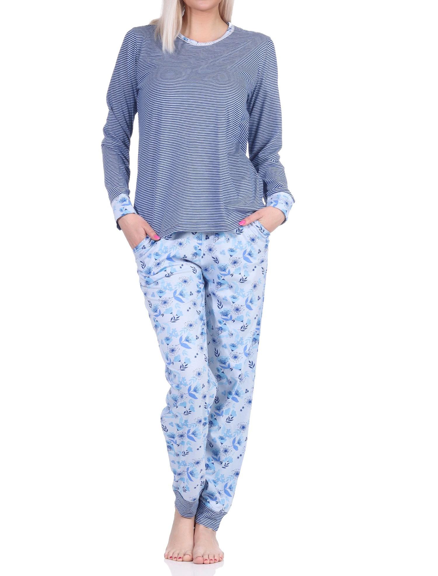 Eleganter Damen Pyjama Schlafanzug langarm mit Bündchen und Spitze - auch in Übergrössen