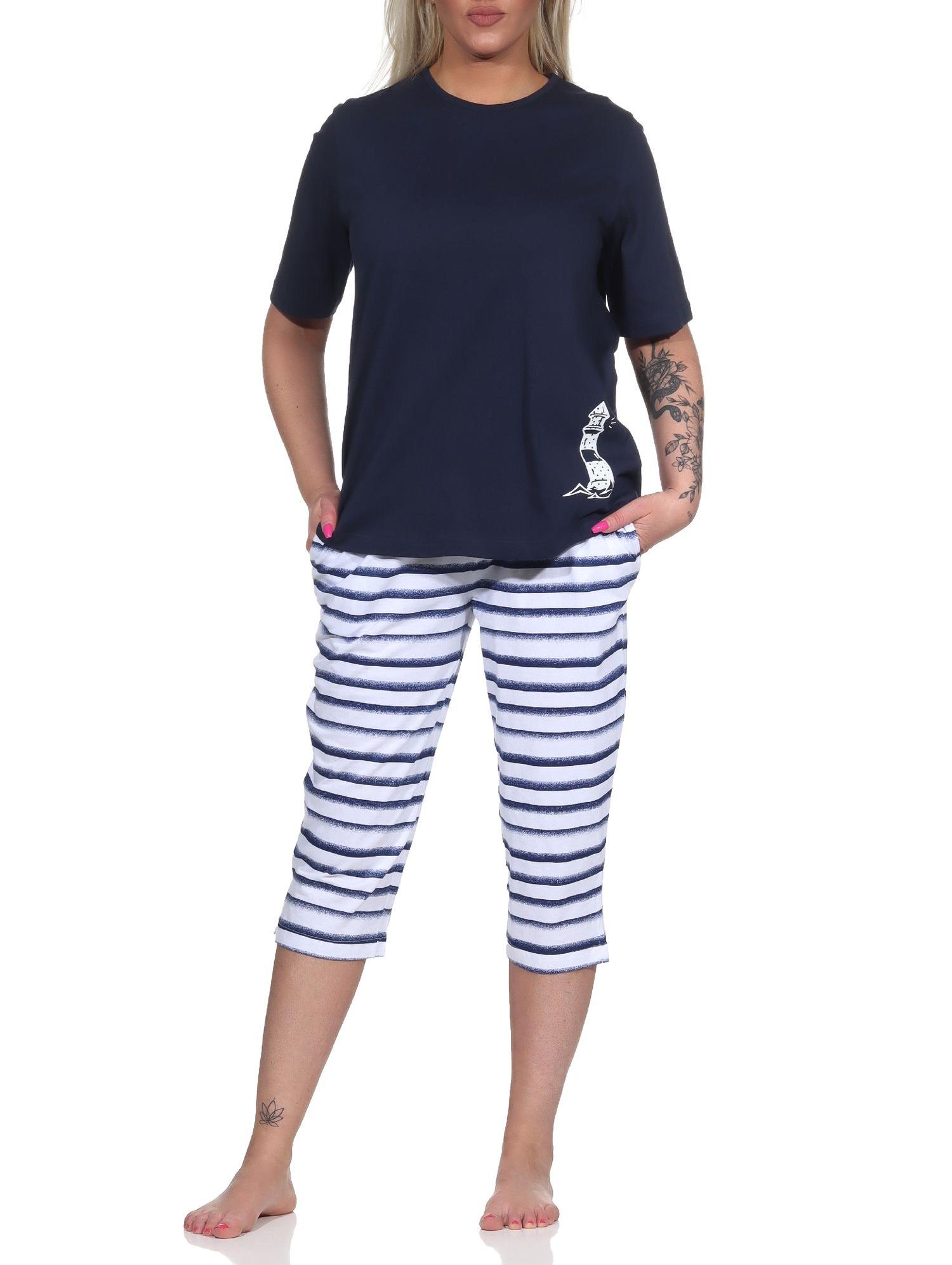 Maritimer Damen kurzarm Capri Schlafanzug , Top mit Leuchtturm Motiv, auch in Übergrössen Maritimer Damen kurzarm Capri Schlafanzug , Top mit Leuchtturm Motiv, auch in Übergrössen