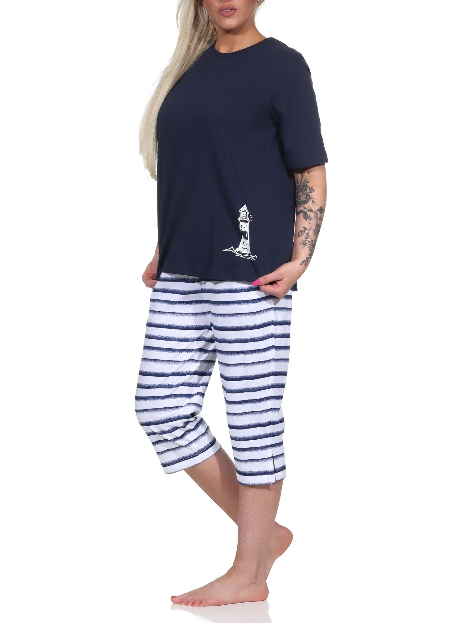 Maritimer Damen kurzarm Capri Schlafanzug, Top mit Leuchtturm Motiv, auch in Übergrössen - 122 204 90 868 Maritimer Damen kurzarm Capri Schlafanzug , Top mit Leuchtturm Motiv, auch in Übergrössen