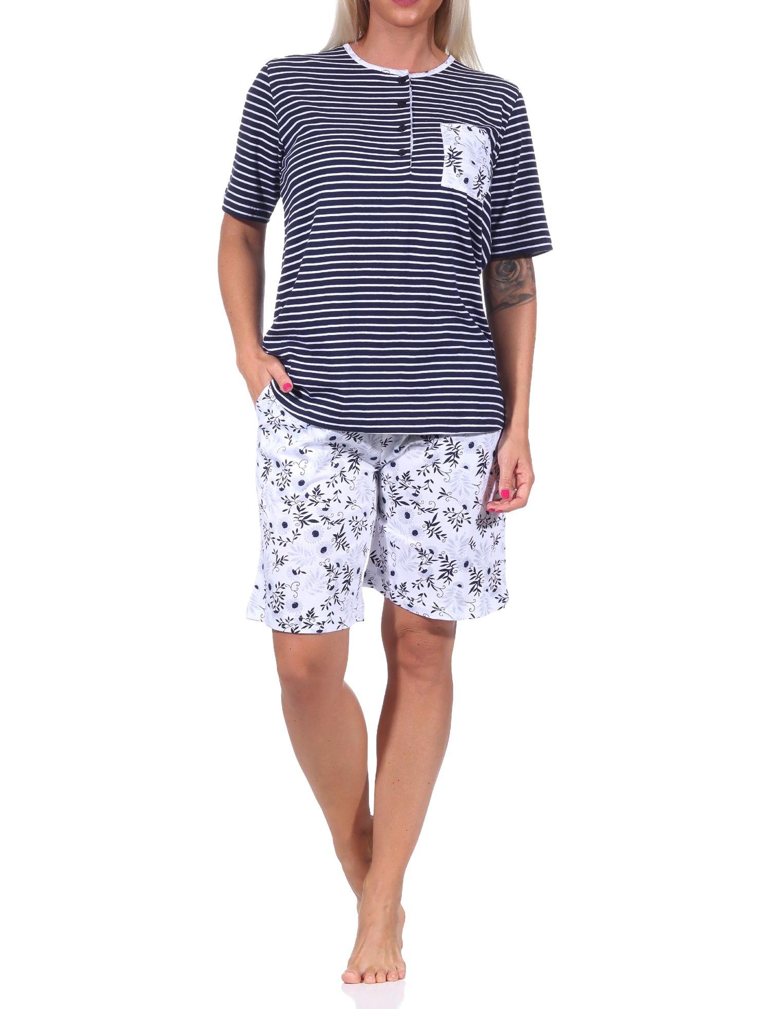 Damen Schlafanzug Shorty Pyjama kurzarm, Oberteil gestreift, Hose mit Blümchenmuster - 122 205 90 881 Damen Schlafanzug Shorty Pyjama kurzarm, Oberteil gestreift, Hose mit Blümchen