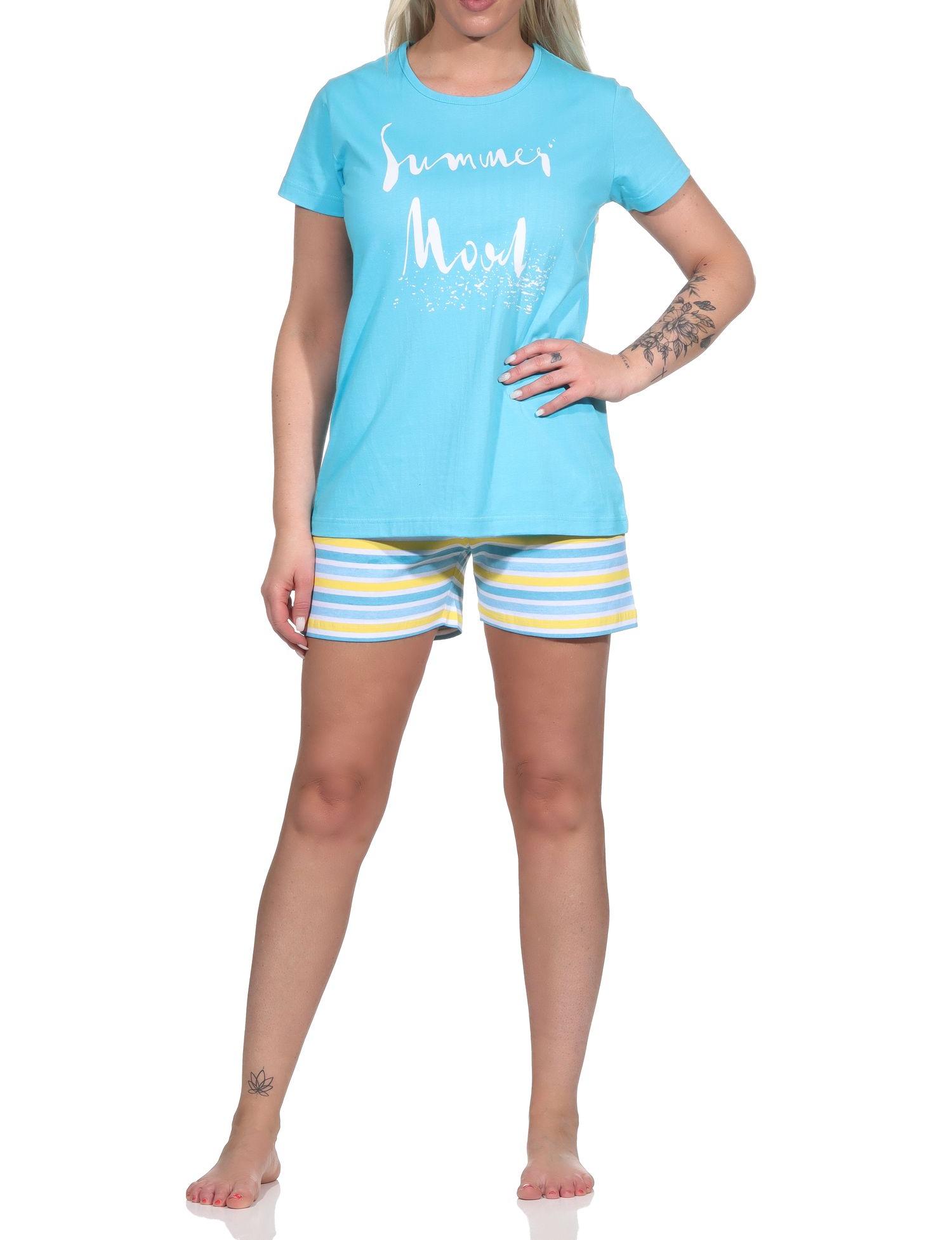 Damen Shorty kurzarm Pyjama mit Front-Print und Ringel-Optik - 122 205 10 752