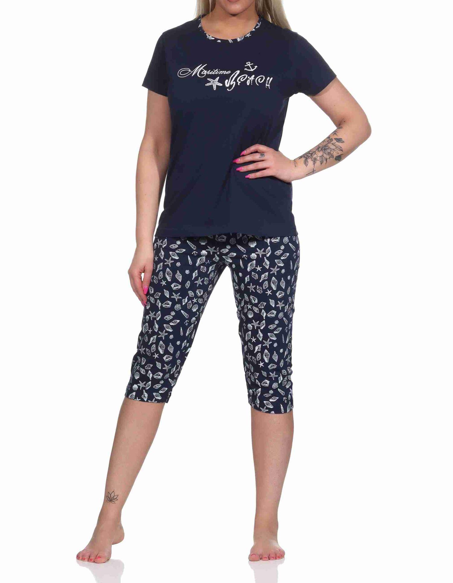 Damen Capri Schlafanzug kurzarm Pyjama im maritimen Look - 122 204 10 753