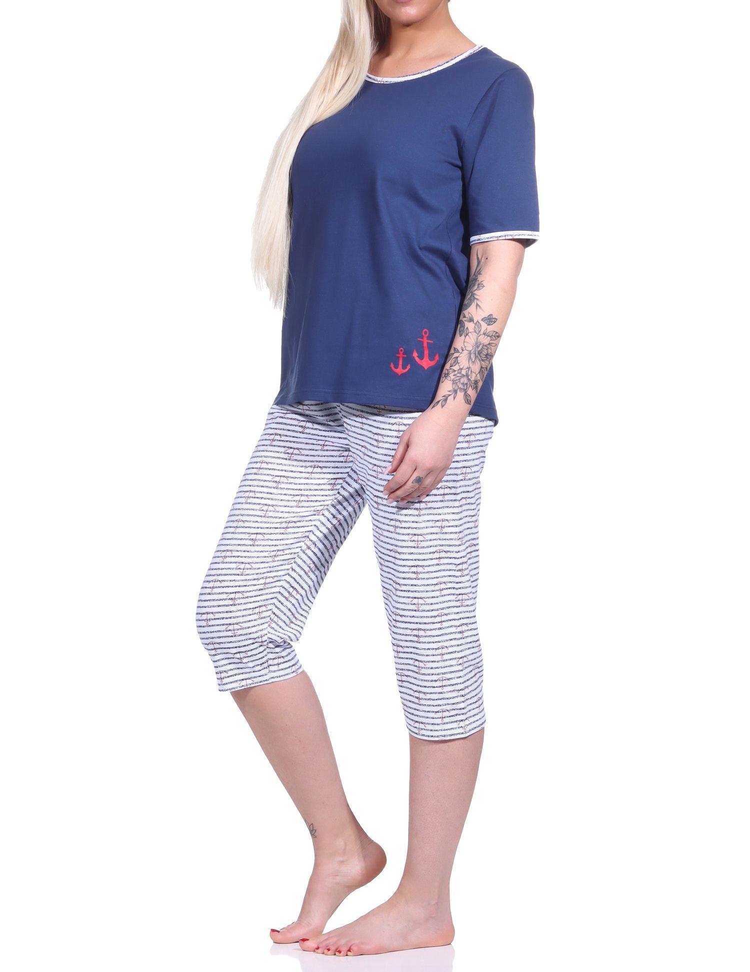 Capri Pyjama kurzarm, Damen Schlafanzug mit 3/4-Hose in maritimer Optik - 151 Capri Pyjama kurzarm, Damen Schlafanzug mit 3/4-Hose in maritimer Optik - 151