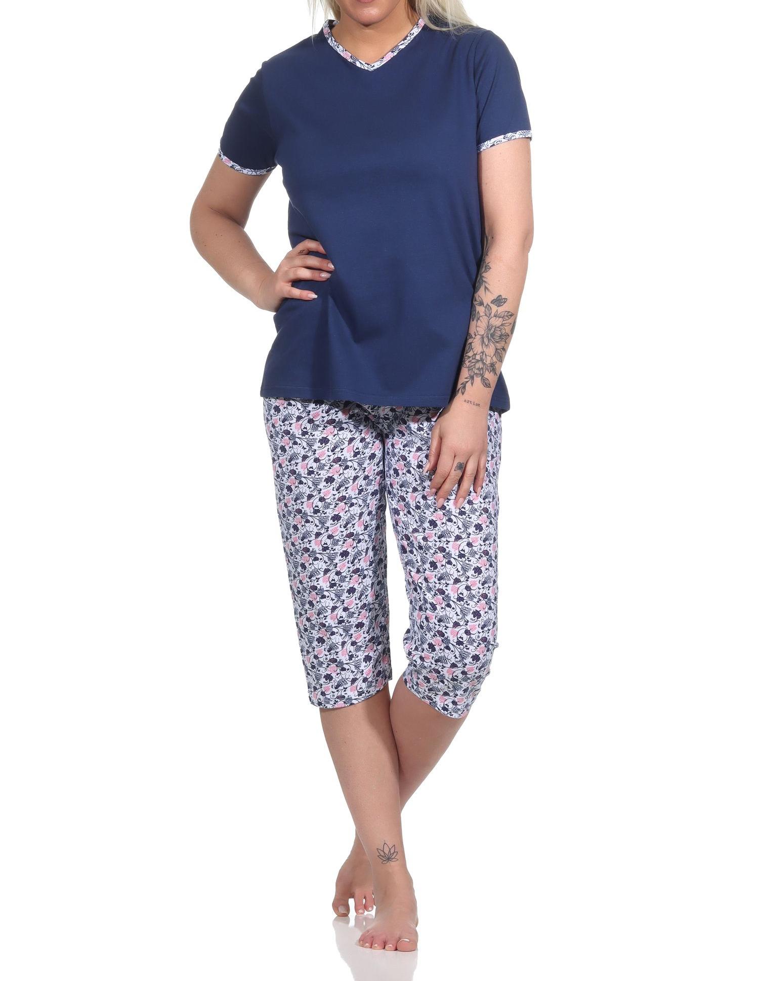 Floraler Damen Capri Pyjama, kurzer Schlafanzug mit 3/4 Caprihose - 12320410152