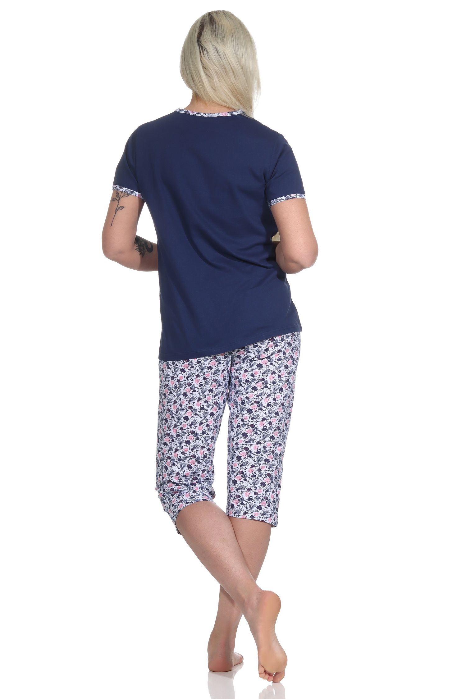 Floraler Damen Capri Pyjama, kurzer Schlafanzug mit 3/4 Caprihose - 12320410152