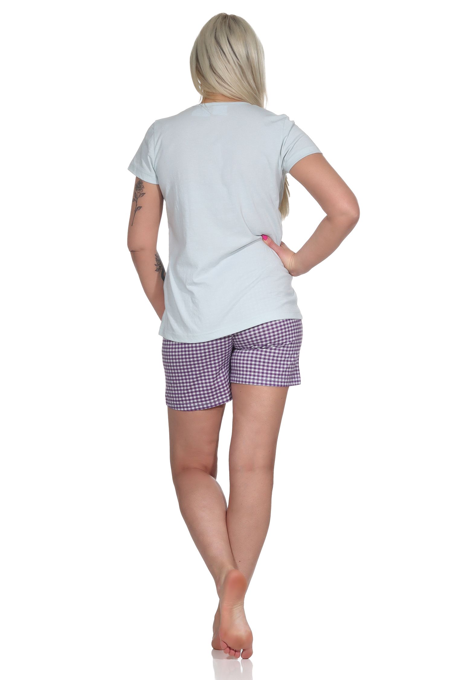 Damen Shorty Pyjama, kurzer Schlafanzug mit karierten Shorts - 112 205 10 734