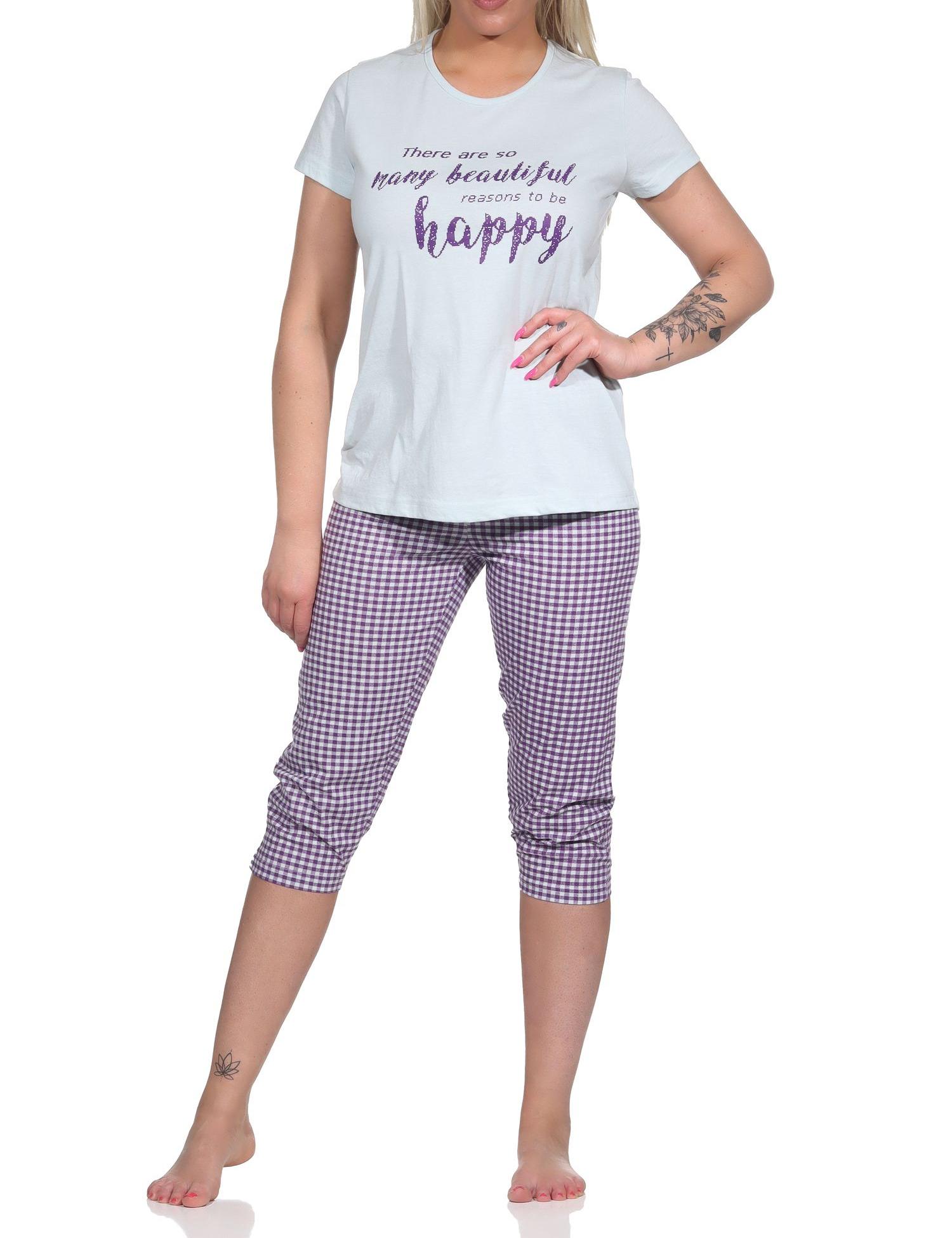 Damen Capri Pyjama, Schlafanzug mit Schriftzug und Karo-Hose - 112 204 10 734 Damen Capri Pyjama, Schlafanzug mit Schriftzug und Karo-Hose - 112 204 10 734