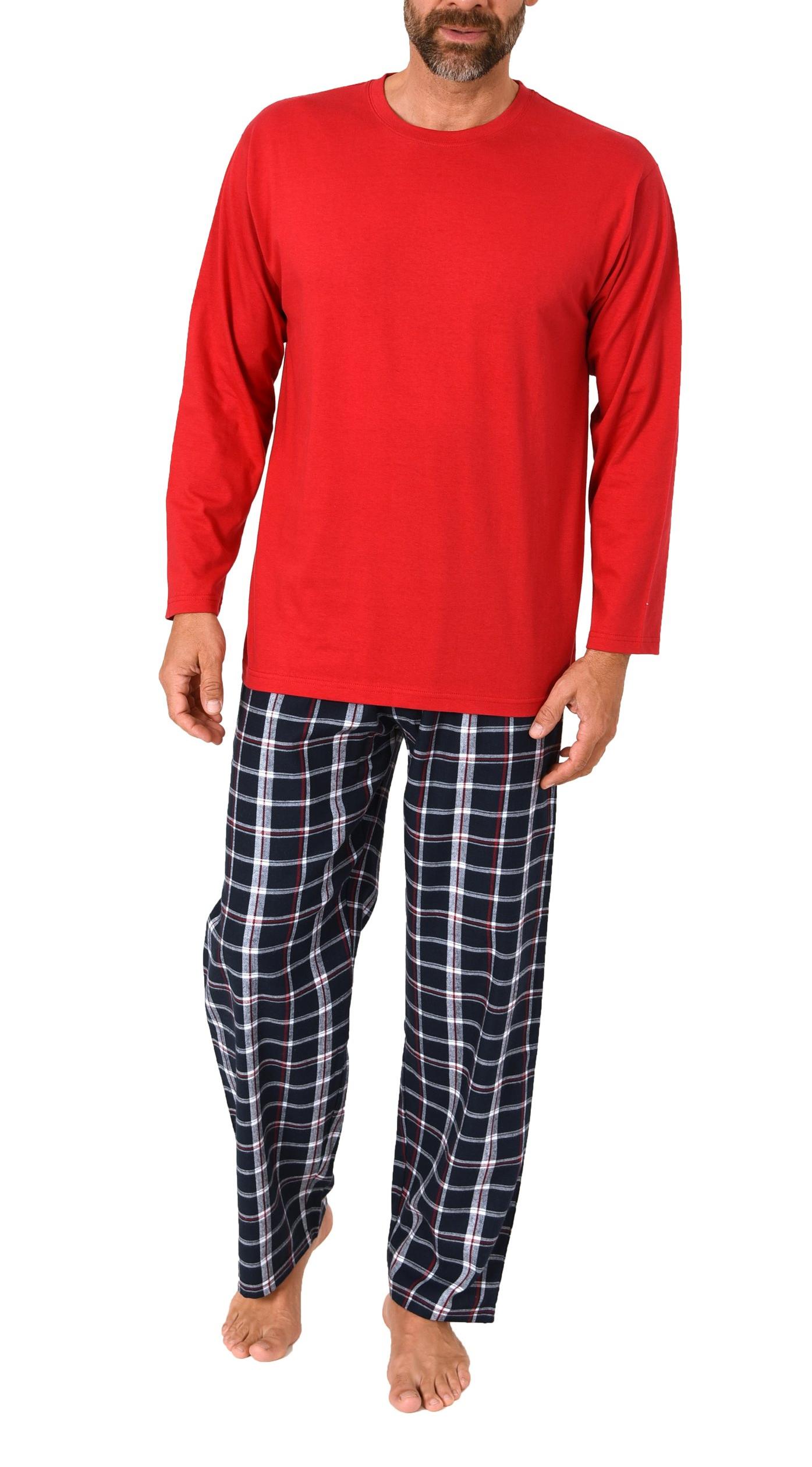 Herren Schlafanzug lang, Pyjama mit Flanell-Hose in Karo-Optik