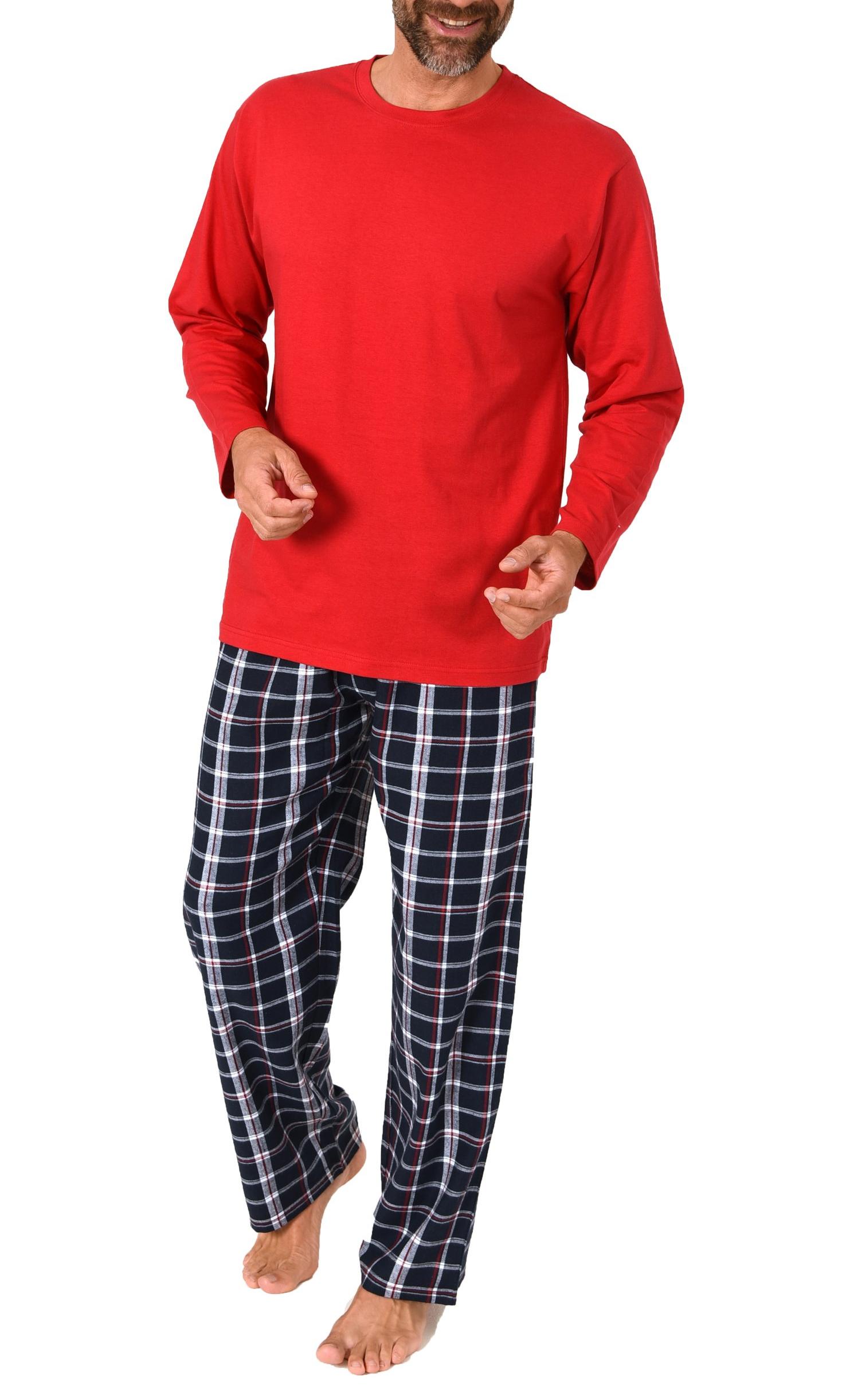 Herren Schlafanzug lang, Pyjama mit Flanell-Hose in Karo-Optik