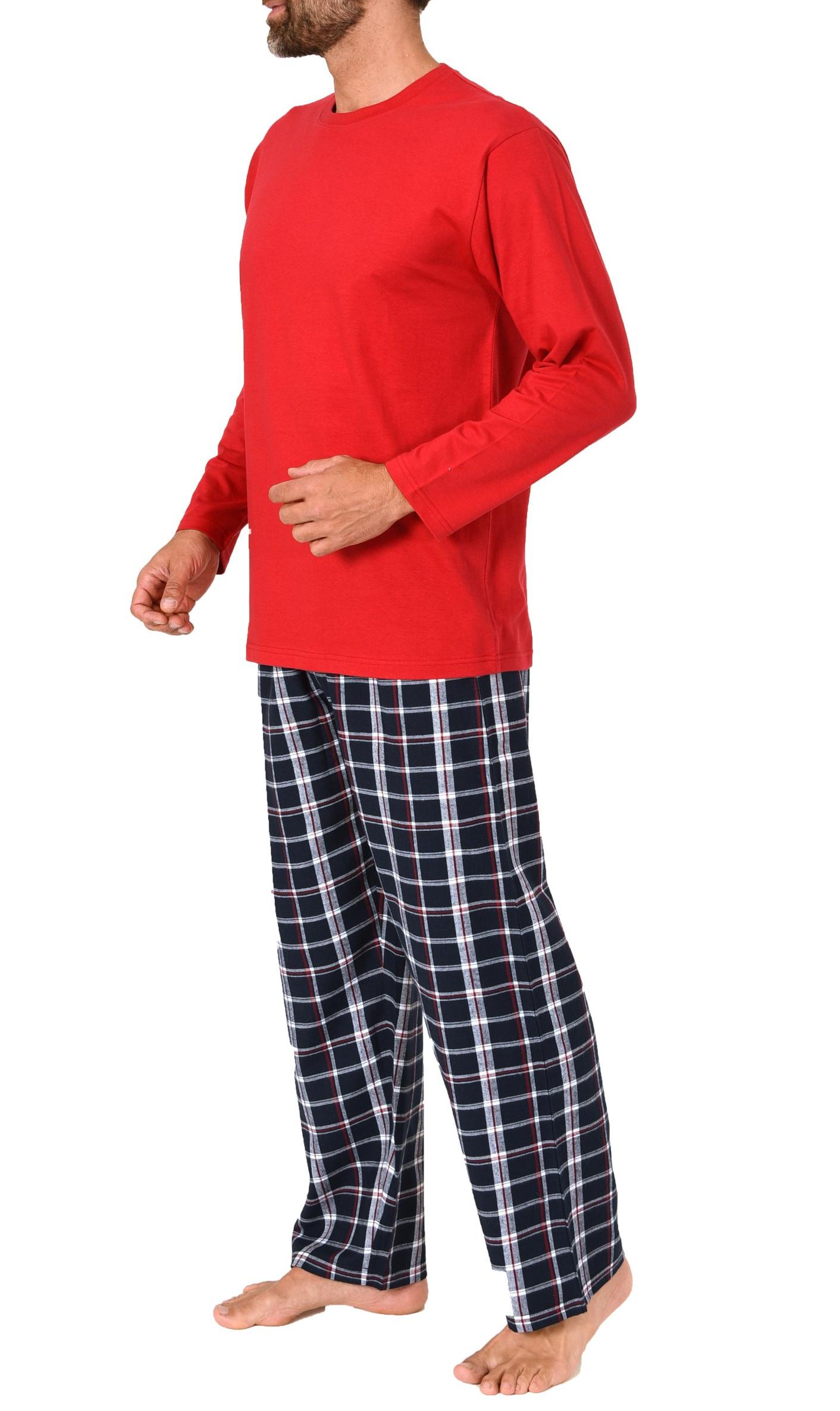 Herren Schlafanzug lang, Pyjama mit Flanell-Hose in Karo-Optik
