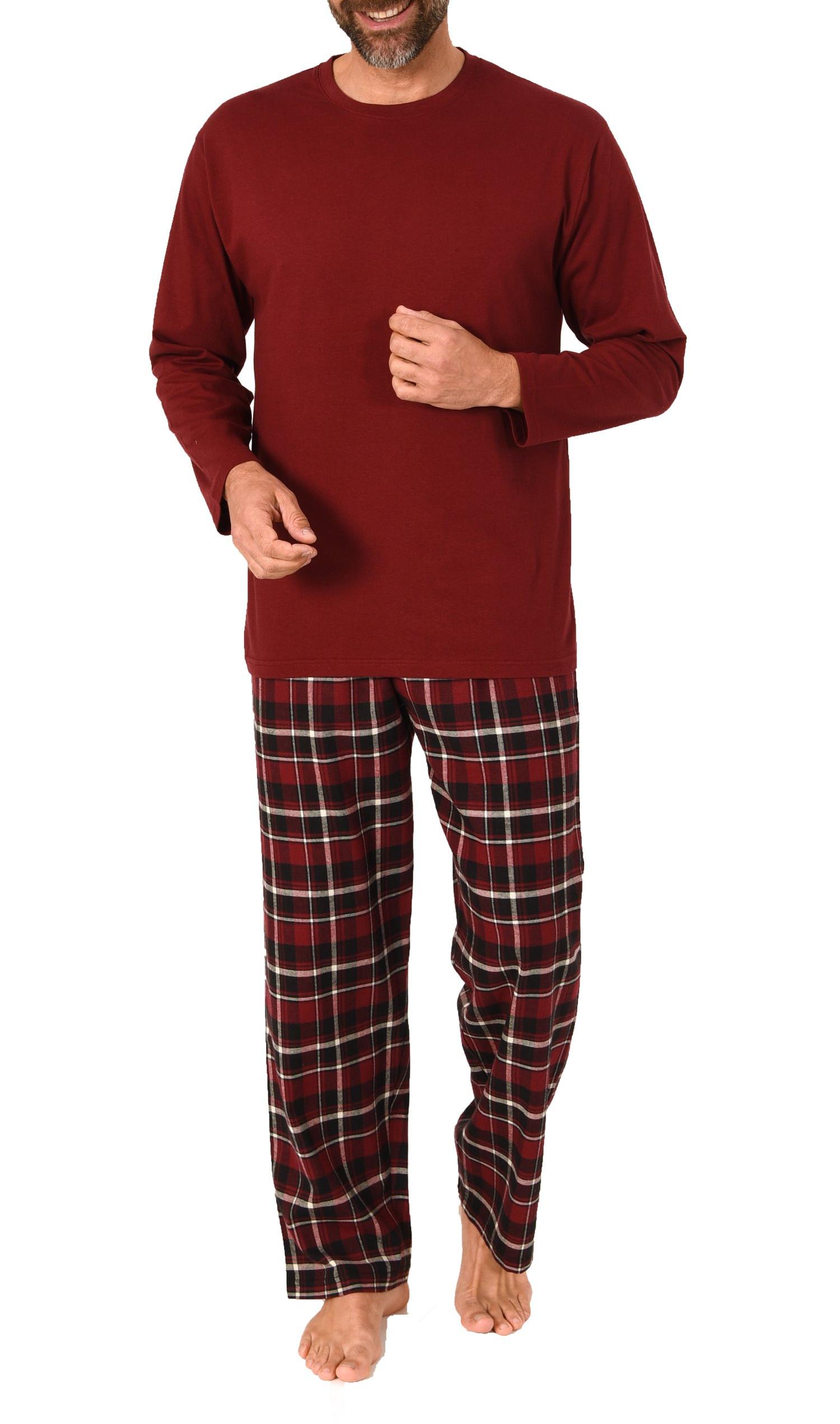 Herren Schlafanzug lang, Pyjama mit Flanell-Hose in Karo-Optik