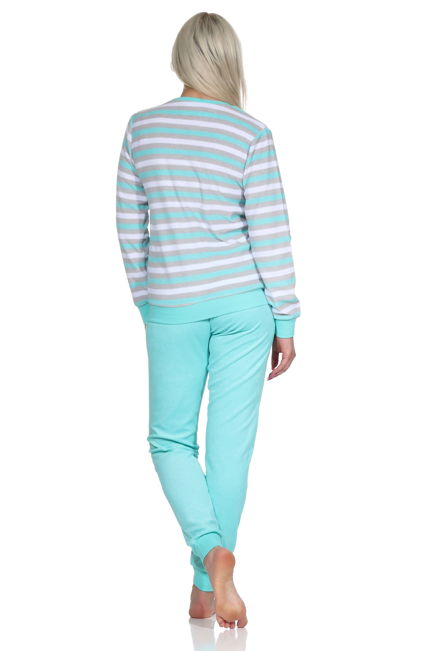 Damen Frottee Schlafanzug lang, Pyjama in Ringel-Optik und Eiskristall-Motiv - 222 201 13 800 Damen Frottee Schlafanzug lang, Pyjama in Ringel-Optik und Eiskristall-Motiv