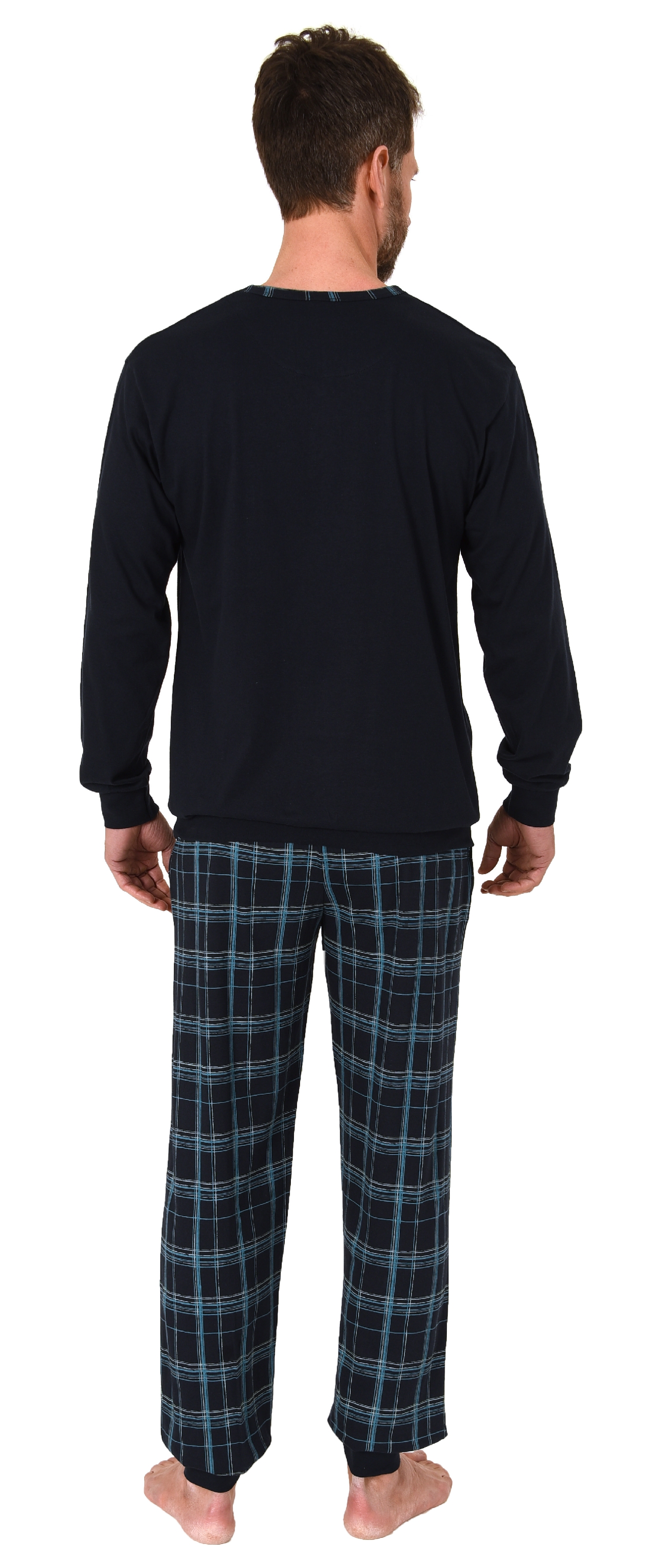 Herren Schlafanzug Pyjama mit Bündchen und karierter Jersey Hose  - auch in Übergrössen
