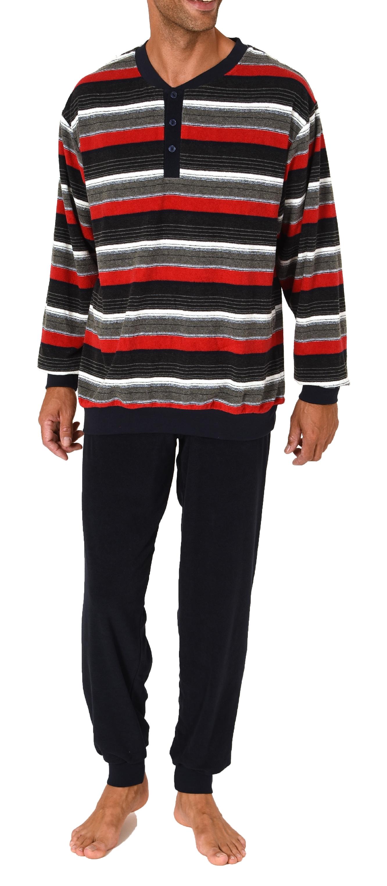 Eleganter Herren Frottee Pyjama langarm Schlafanzug mit Bündchen und Knopfleiste am Hals