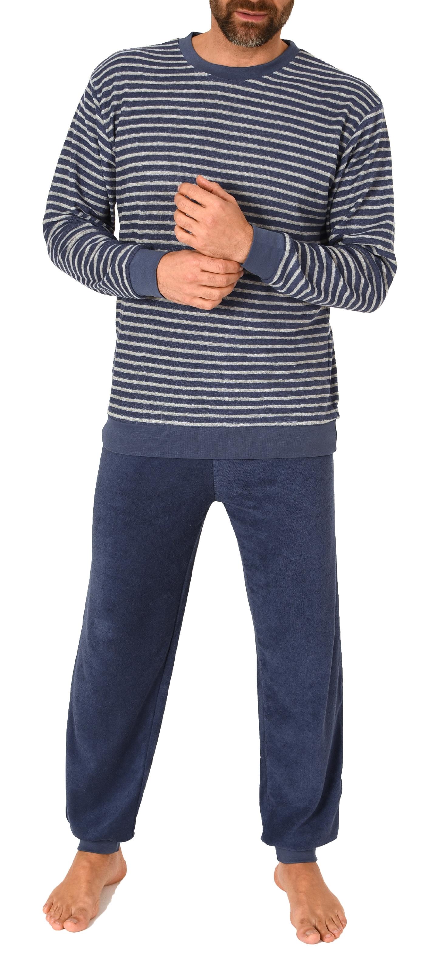 Eleganter Herren Frottee Pyjama langarm Schlafanzug mit Bündchen in Streifenoptik