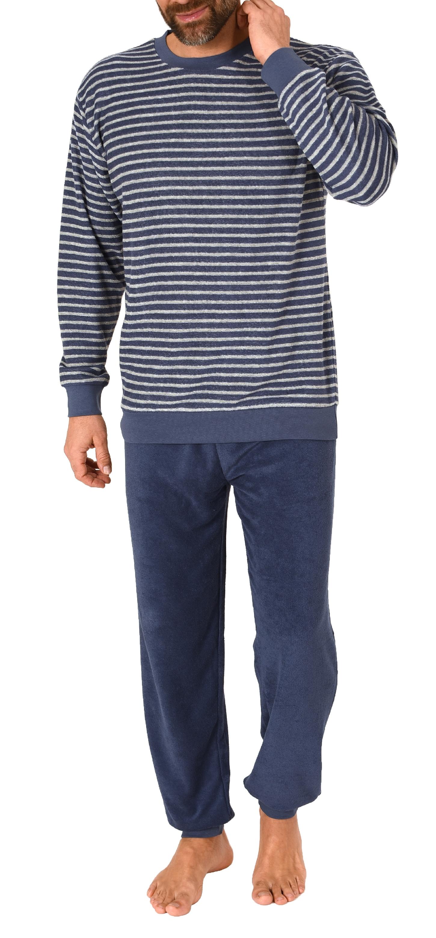 Eleganter Herren Frottee Pyjama langarm Schlafanzug mit Bündchen in Streifenoptik