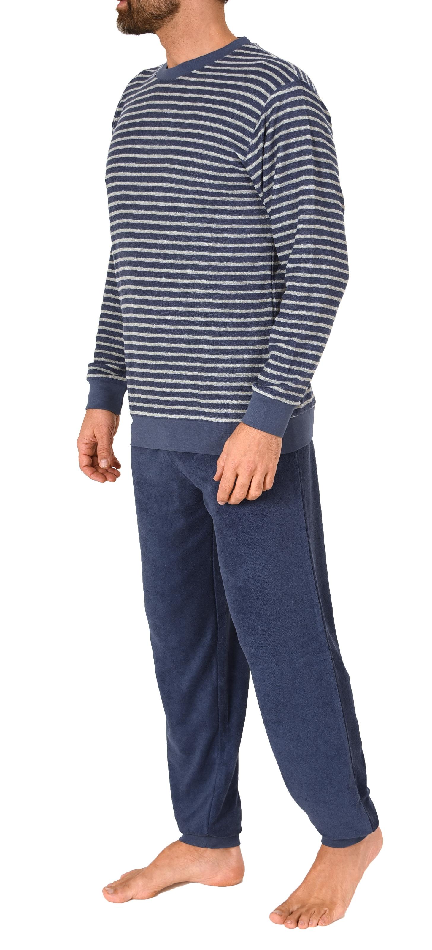 Eleganter Herren Frottee Pyjama langarm Schlafanzug mit Bündchen in Streifenoptik