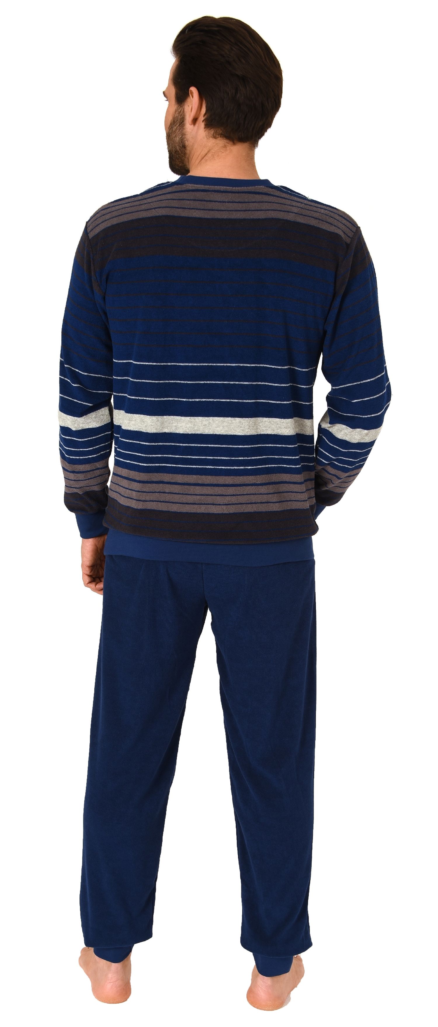 Herren Frottee Schlafanzug Pyjama langarm mit Bündchen in Streifen-Look