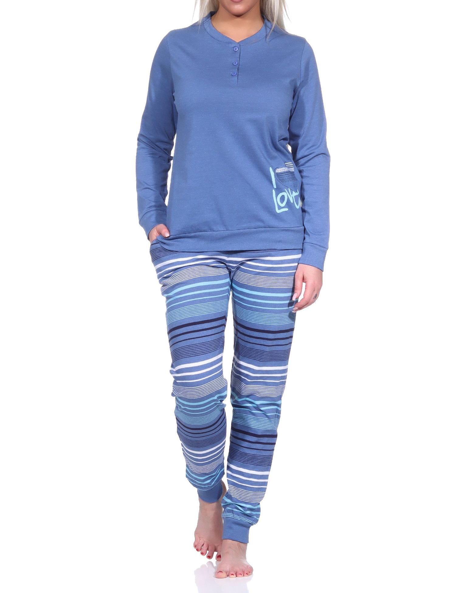 Eleganter Damen Pyjama mit Bündchen und gestreifter Hose + Herzmotiv - auch in Übergrössen